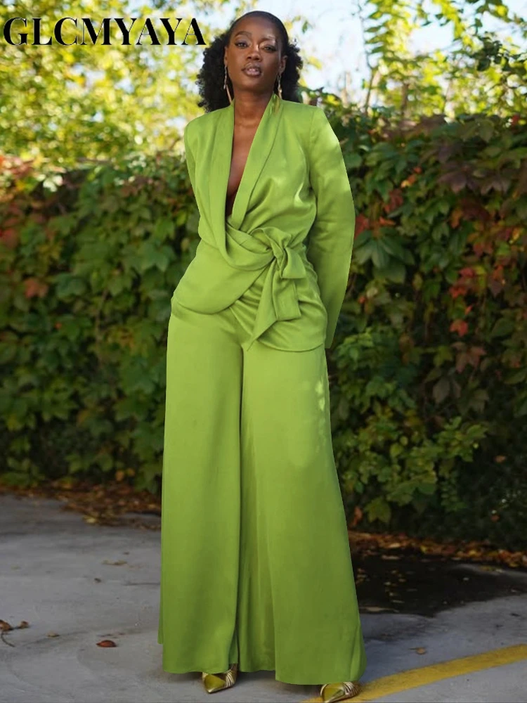 GLCMYAYA Street OL Work Women's Set Long Sleeve Blazers Tops and Wide Leg Pants Suit 2025 Fall Vacation Two 2 Piece Set Outfits