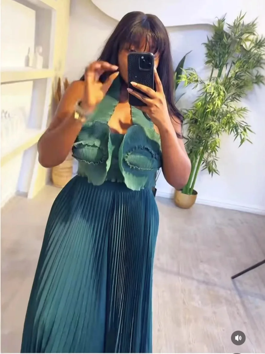 CM.YAYA Streetwear Women's Set Sleeveless Halter Crop Pleated Top+Wide Leg Pants Elegant 2024 Fall Party Two 2-Piece Set Outfits CM.YAYA Streetwear Women's Set Sleeveless Halter Crop Pleated Top+Wide Leg Pants Elegant 2024 Fall Party Two 2-Piece Set Outfits