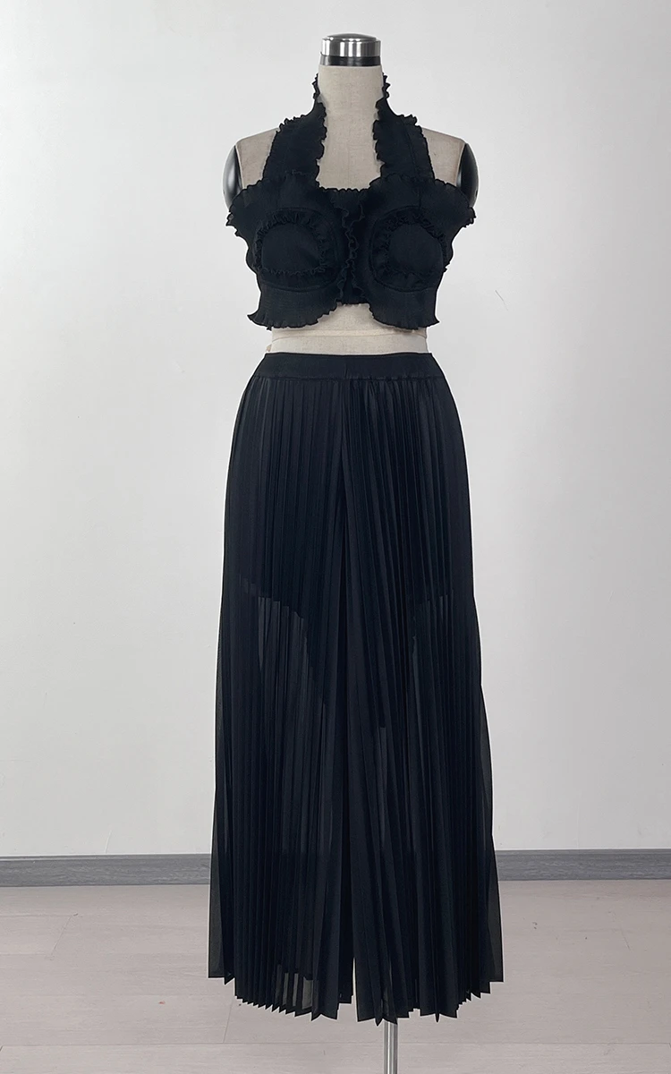 CM.YAYA Streetwear Women's Set Sleeveless Halter Crop Pleated Top+Wide Leg Pants Elegant 2024 Fall Party Two 2-Piece Set Outfits CM.YAYA Streetwear Women's Set Sleeveless Halter Crop Pleated Top+Wide Leg Pants Elegant 2024 Fall Party Two 2-Piece Set Outfits