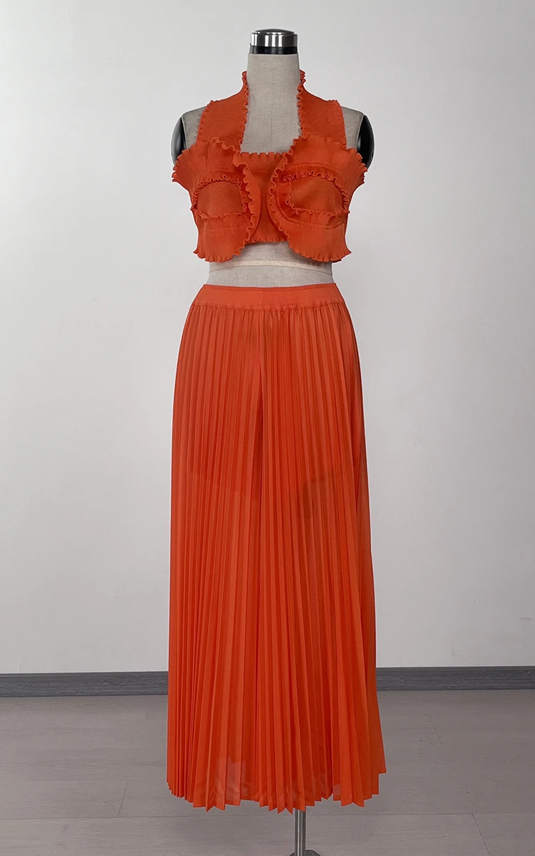 CM.YAYA Streetwear Women's Set Sleeveless Halter Crop Pleated Top+Wide Leg Pants Elegant 2024 Fall Party Two 2-Piece Set Outfits CM.YAYA Streetwear Women's Set Sleeveless Halter Crop Pleated Top+Wide Leg Pants Elegant 2024 Fall Party Two 2-Piece Set Outfits