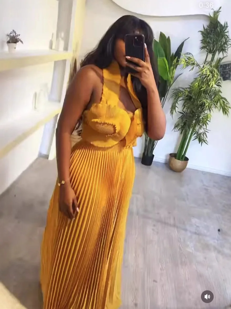 CM.YAYA Streetwear Women's Set Sleeveless Halter Crop Pleated Top+Wide Leg Pants Elegant 2024 Fall Party Two 2-Piece Set Outfits CM.YAYA Streetwear Women's Set Sleeveless Halter Crop Pleated Top+Wide Leg Pants Elegant 2024 Fall Party Two 2-Piece Set Outfits