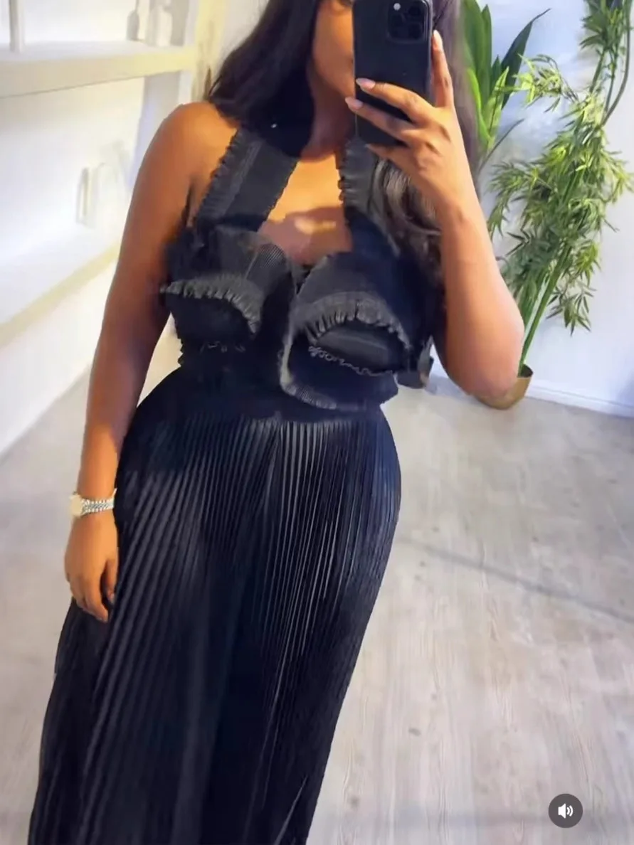 CM.YAYA Streetwear Women's Set Sleeveless Halter Crop Pleated Top+Wide Leg Pants Elegant 2024 Fall Party Two 2-Piece Set Outfits CM.YAYA Streetwear Women's Set Sleeveless Halter Crop Pleated Top+Wide Leg Pants Elegant 2024 Fall Party Two 2-Piece Set Outfits