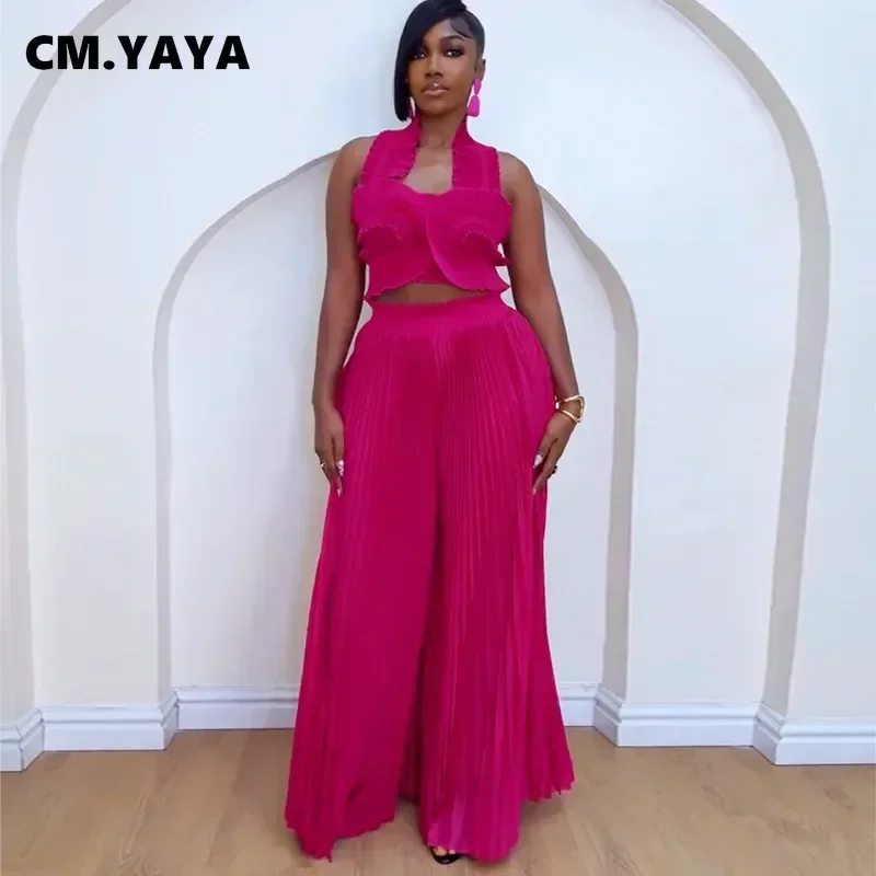 CM.YAYA Streetwear Women’s Set Sleeveless Halter Crop Pleated Top+Wide Leg Pants Elegant 2024 Fall Party Two 2-Piece Set Outfits CM.YAYA Streetwear Women's Set Sleeveless Halter Crop Pleated Top+Wide Leg Pants Elegant 2024 Fall Party Two 2-Piece Set Outfits