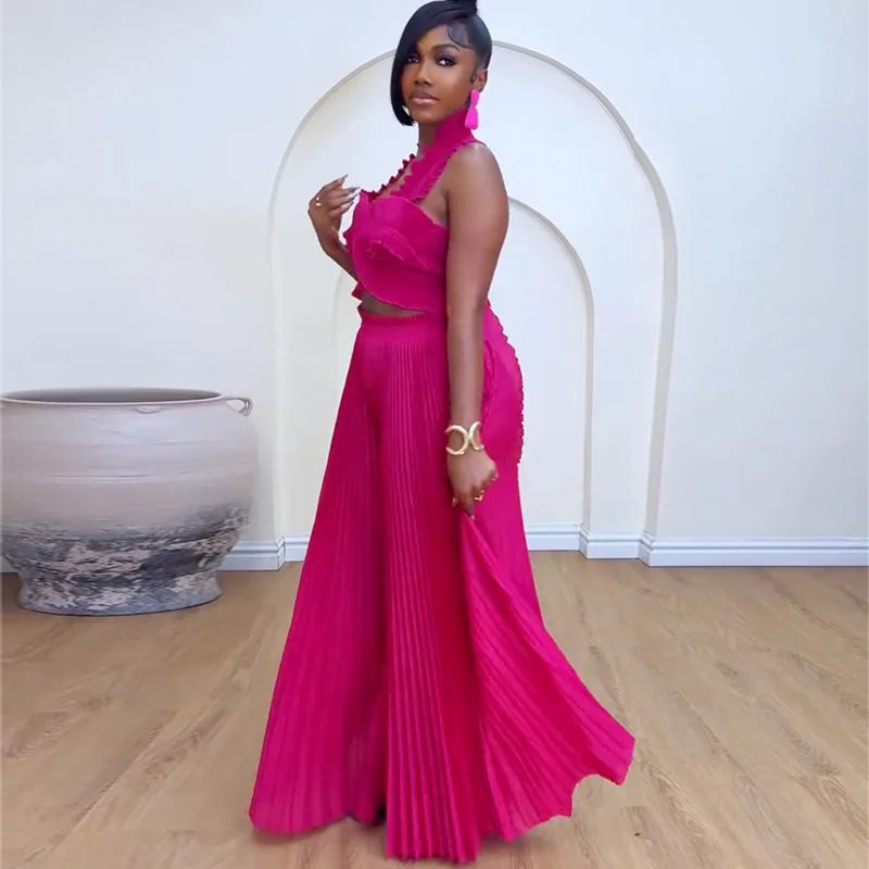 CM.YAYA Streetwear Women's Set Sleeveless Halter Crop Pleated Top+Wide Leg Pants Elegant 2024 Fall Party Two 2-Piece Set Outfits CM.YAYA Streetwear Women's Set Sleeveless Halter Crop Pleated Top+Wide Leg Pants Elegant 2024 Fall Party Two 2-Piece Set Outfits