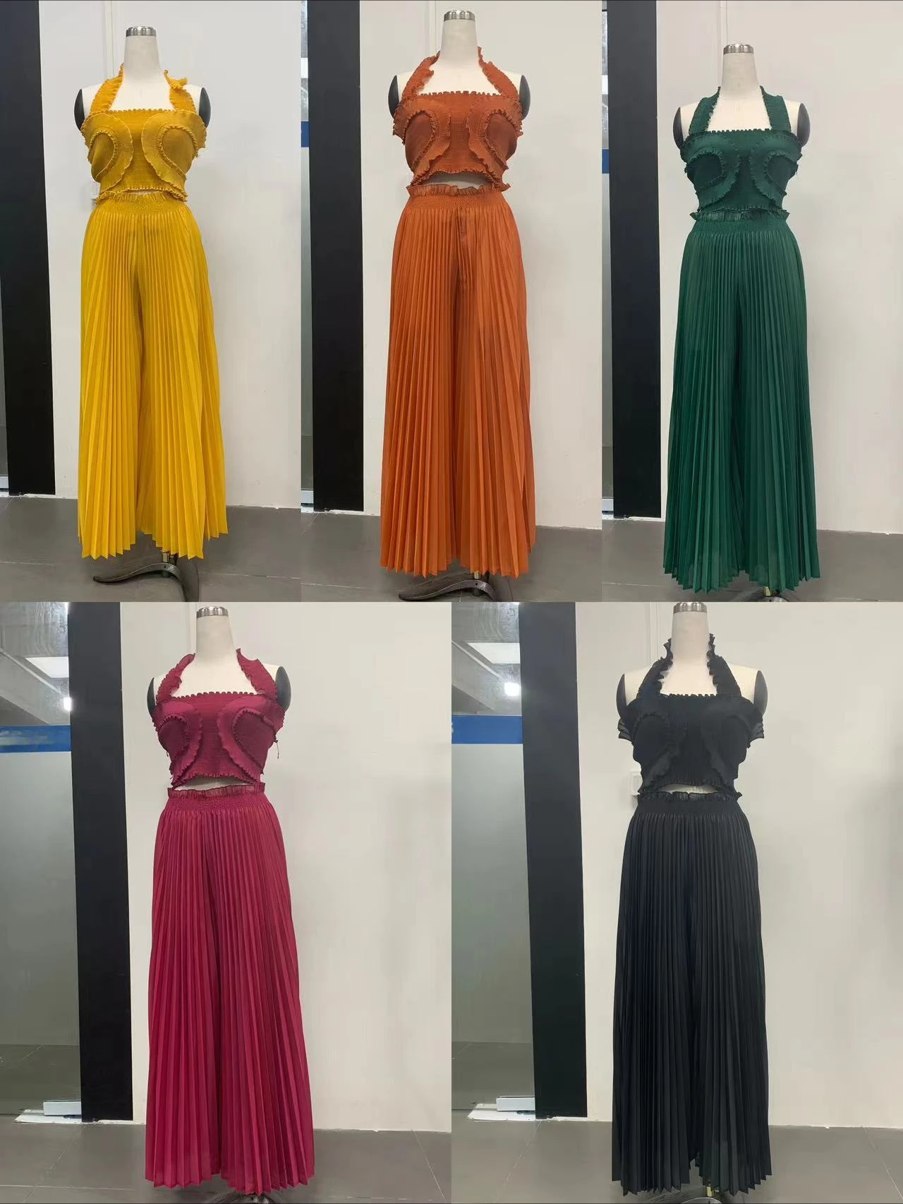 CM.YAYA Streetwear Women's Set Sleeveless Halter Crop Pleated Top+Wide Leg Pants Elegant 2024 Fall Party Two 2-Piece Set Outfits CM.YAYA Streetwear Women's Set Sleeveless Halter Crop Pleated Top+Wide Leg Pants Elegant 2024 Fall Party Two 2-Piece Set Outfits