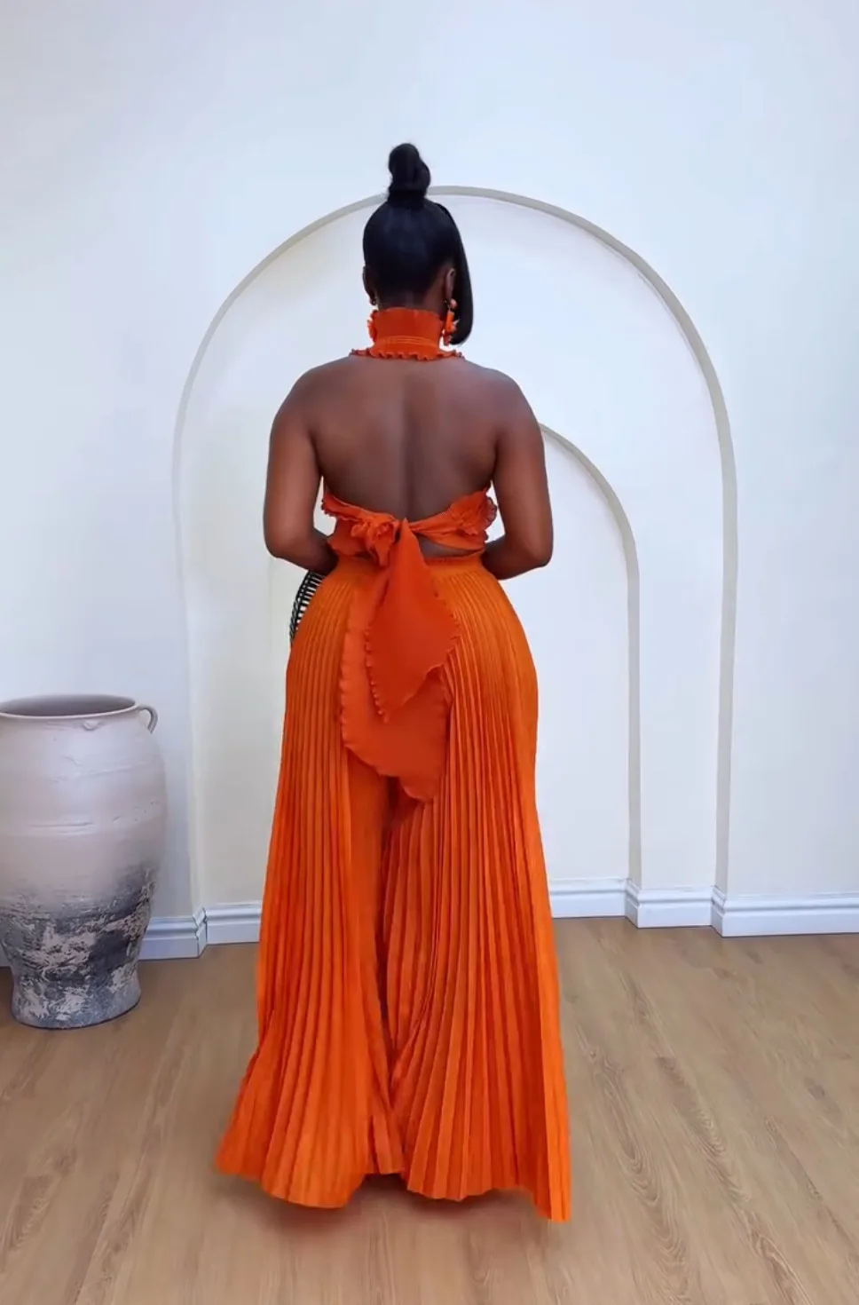 CM.YAYA Streetwear Women's Set Sleeveless Halter Crop Pleated Top+Wide Leg Pants Elegant 2024 Fall Party Two 2-Piece Set Outfits CM.YAYA Streetwear Women's Set Sleeveless Halter Crop Pleated Top+Wide Leg Pants Elegant 2024 Fall Party Two 2-Piece Set Outfits