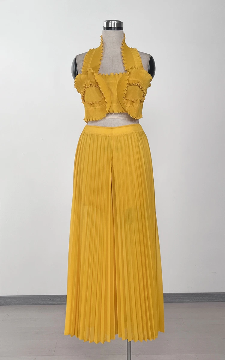 CM.YAYA Streetwear Women's Set Sleeveless Halter Crop Pleated Top+Wide Leg Pants Elegant 2024 Fall Party Two 2-Piece Set Outfits CM.YAYA Streetwear Women's Set Sleeveless Halter Crop Pleated Top+Wide Leg Pants Elegant 2024 Fall Party Two 2-Piece Set Outfits