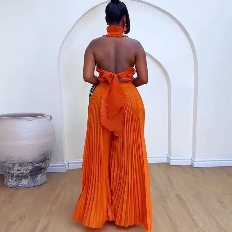 CM.YAYA Streetwear Women's Set Sleeveless Halter Crop Pleated Top+Wide Leg Pants Elegant 2024 Fall Party Two 2-Piece Set Outfits CM.YAYA Streetwear Women's Set Sleeveless Halter Crop Pleated Top+Wide Leg Pants Elegant 2024 Fall Party Two 2-Piece Set Outfits