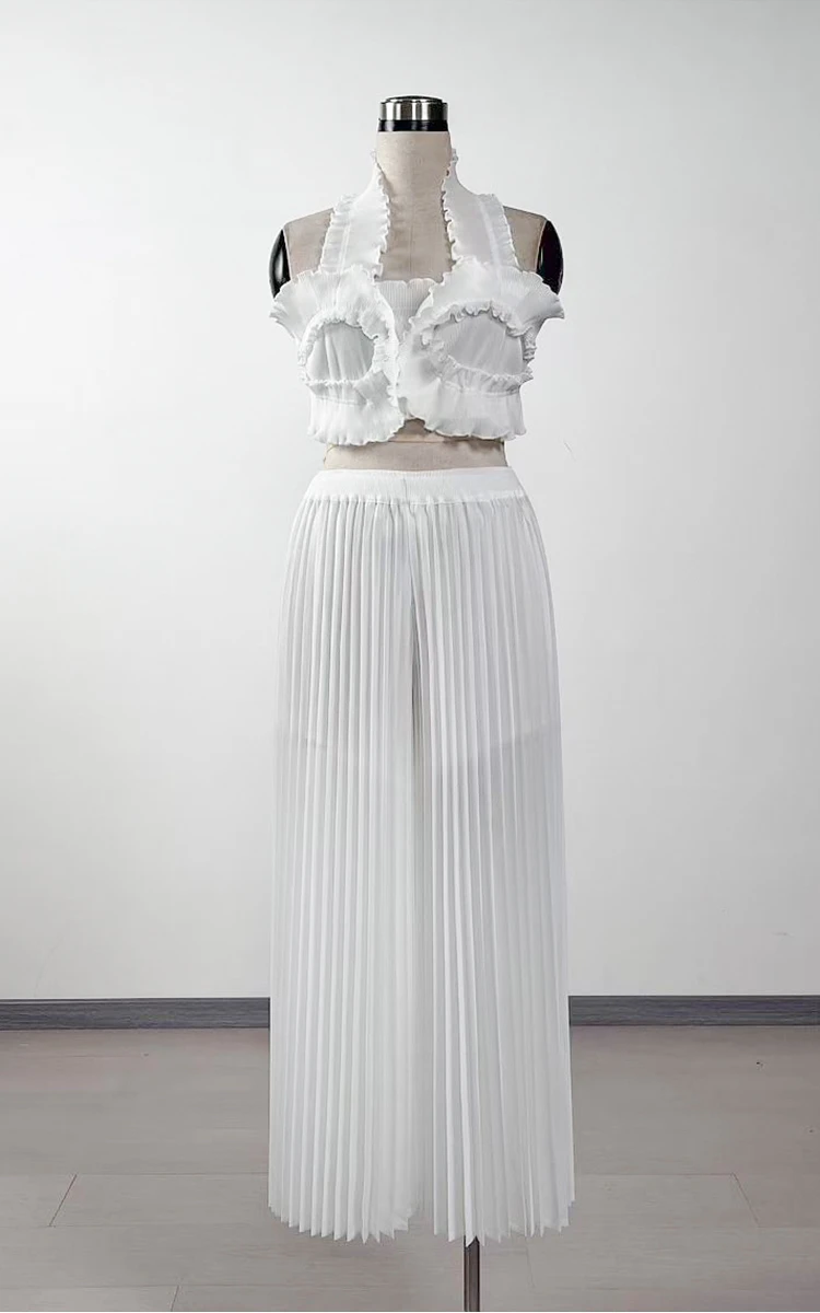 CM.YAYA Streetwear Women's Set Sleeveless Halter Crop Pleated Top+Wide Leg Pants Elegant 2024 Fall Party Two 2-Piece Set Outfits CM.YAYA Streetwear Women's Set Sleeveless Halter Crop Pleated Top+Wide Leg Pants Elegant 2024 Fall Party Two 2-Piece Set Outfits