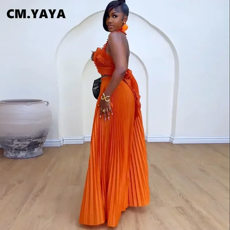 CM.YAYA Streetwear Women’s Set Sleeveless Halter Crop Pleated Top+Wide Leg Pants Elegant 2024 Fall Party Two 2-Piece Set Outfits CM.YAYA Streetwear Women's Set Sleeveless Halter Crop Pleated Top+Wide Leg Pants Elegant 2024 Fall Party Two 2-Piece Set Outfits