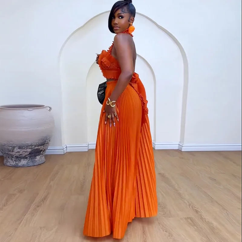CM.YAYA Streetwear Women's Set Sleeveless Halter Crop Pleated Top+Wide Leg Pants Elegant 2024 Fall Party Two 2-Piece Set Outfits CM.YAYA Streetwear Women's Set Sleeveless Halter Crop Pleated Top+Wide Leg Pants Elegant 2024 Fall Party Two 2-Piece Set Outfits