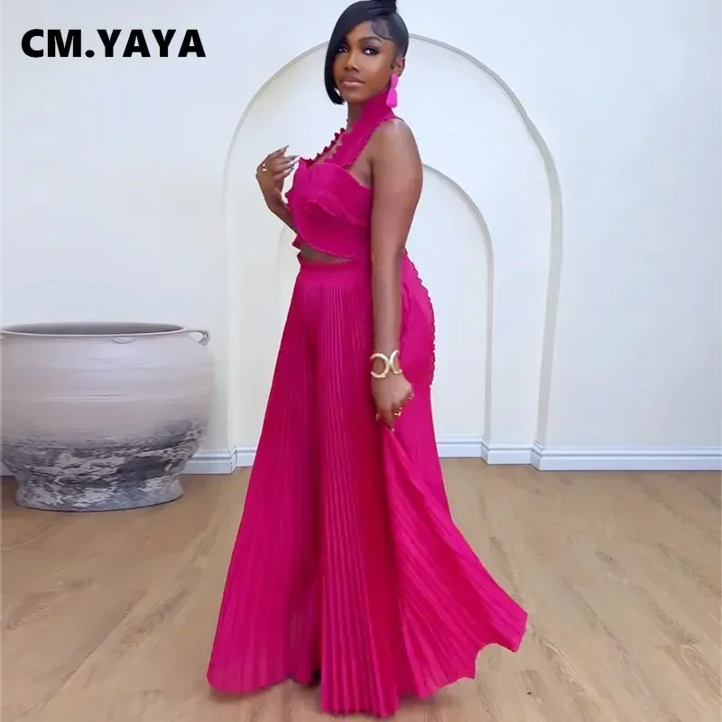 CM.YAYA Streetwear Women’s Set Sleeveless Halter Crop Pleated Top+Wide Leg Pants Elegant 2024 Fall Party Two 2-Piece Set Outfits CM.YAYA Streetwear Women's Set Sleeveless Halter Crop Pleated Top+Wide Leg Pants Elegant 2024 Fall Party Two 2-Piece Set Outfits