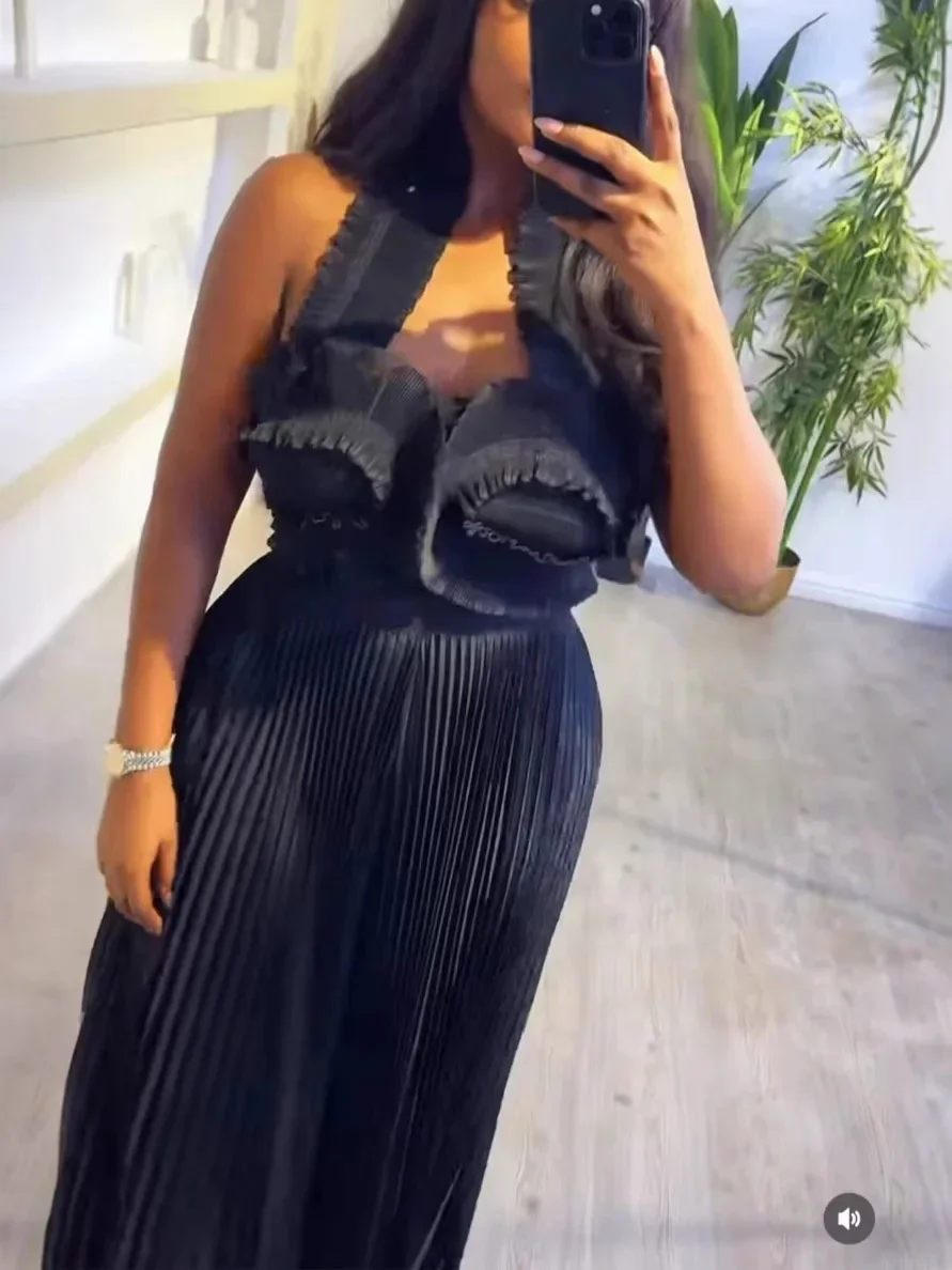 CM.YAYA Streetwear Women’s Set Sleeveless Halter Crop Pleated Top+Wide Leg Pants Elegant 2024 Fall Party Two 2-Piece Set Outfits CM.YAYA Streetwear Women's Set Sleeveless Halter Crop Pleated Top+Wide Leg Pants Elegant 2024 Fall Party Two 2-Piece Set Outfits