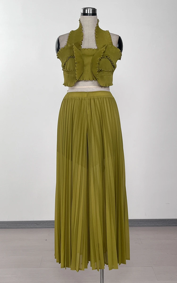 CM.YAYA Streetwear Women's Set Sleeveless Halter Crop Pleated Top+Wide Leg Pants Elegant 2024 Fall Party Two 2-Piece Set Outfits CM.YAYA Streetwear Women's Set Sleeveless Halter Crop Pleated Top+Wide Leg Pants Elegant 2024 Fall Party Two 2-Piece Set Outfits