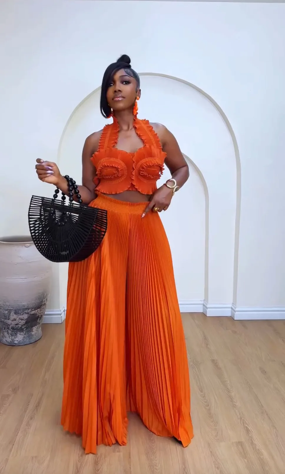 CM.YAYA Streetwear Women's Set Sleeveless Halter Crop Pleated Top+Wide Leg Pants Elegant 2024 Fall Party Two 2-Piece Set Outfits CM.YAYA Streetwear Women's Set Sleeveless Halter Crop Pleated Top+Wide Leg Pants Elegant 2024 Fall Party Two 2-Piece Set Outfits