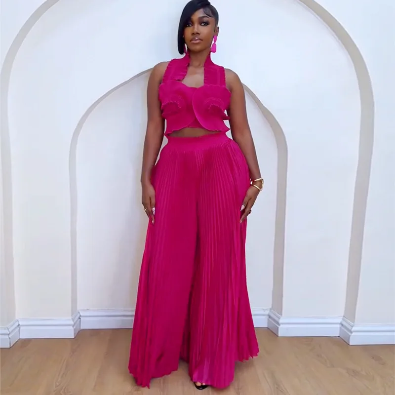 CM.YAYA Streetwear Women's Set Sleeveless Halter Crop Pleated Top+Wide Leg Pants Elegant 2024 Fall Party Two 2-Piece Set Outfits CM.YAYA Streetwear Women's Set Sleeveless Halter Crop Pleated Top+Wide Leg Pants Elegant 2024 Fall Party Two 2-Piece Set Outfits