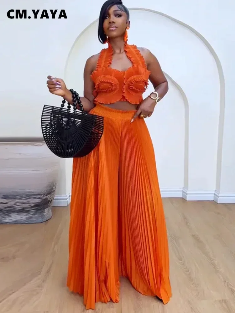CM.YAYA Streetwear Women’s Set Sleeveless Halter Crop Pleated Top+Wide Leg Pants Elegant 2024 Fall Party Two 2-Piece Set Outfits CM.YAYA Streetwear Women's Set Sleeveless Halter Crop Pleated Top+Wide Leg Pants Elegant 2024 Fall Party Two 2-Piece Set Outfits