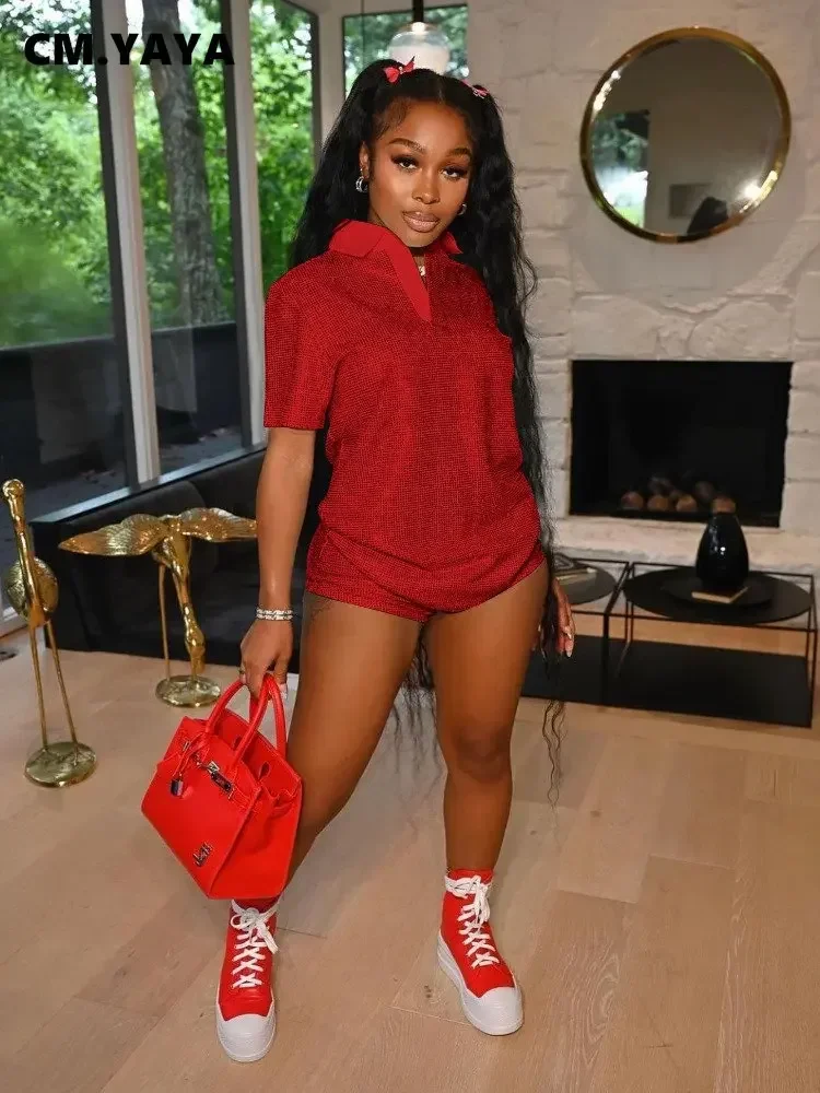 CM.YAYA Fashion Giliding Women's Set Short Sleeve Polo-collar T-shirt and Shorts 2023 Summer Two 2 Piece Set Outfits Tracksuit