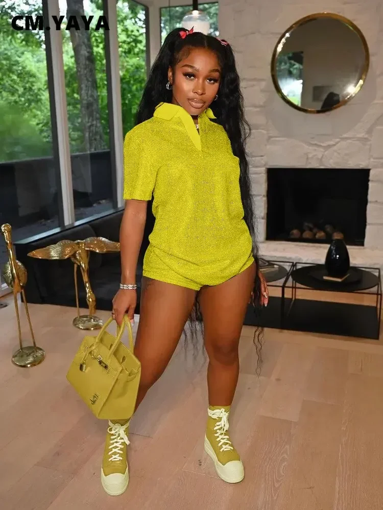 CM.YAYA Fashion Giliding Women's Set Short Sleeve Polo-collar T-shirt and Shorts 2023 Summer Two 2 Piece Set Outfits Tracksuit