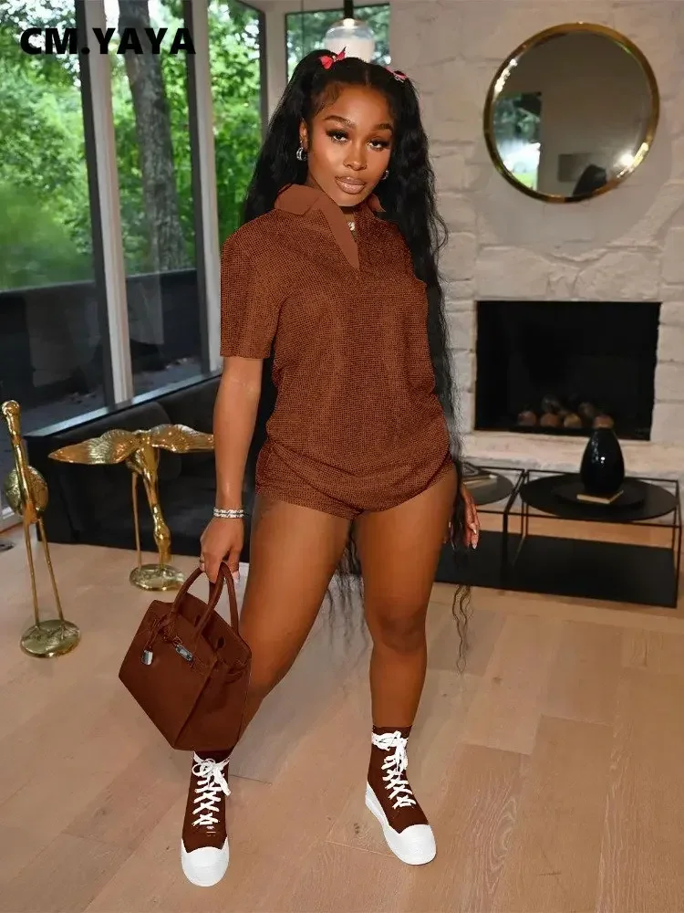 CM.YAYA Fashion Giliding Women's Set Short Sleeve Polo-collar T-shirt and Shorts 2023 Summer Two 2 Piece Set Outfits Tracksuit