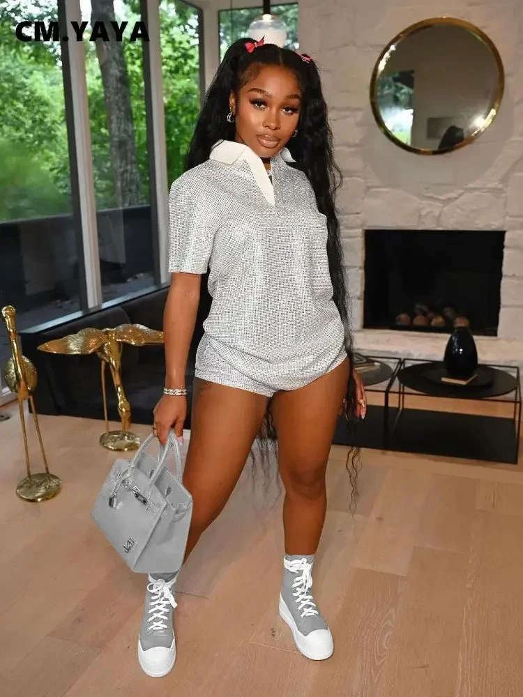 CM.YAYA Fashion Giliding Women's Set Short Sleeve Polo-collar T-shirt and Shorts 2023 Summer Two 2 Piece Set Outfits Tracksuit
