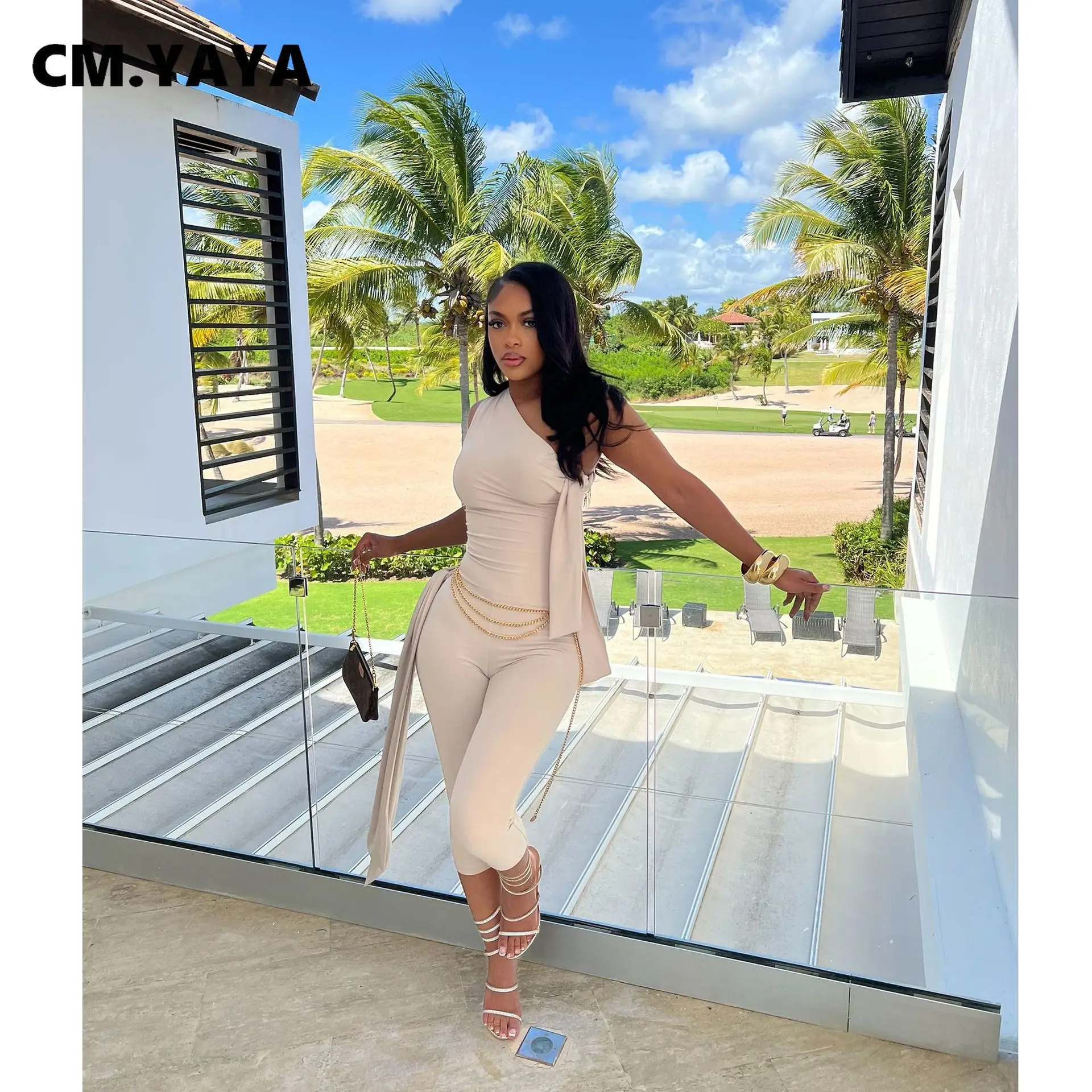 CM.YAYA Fashion Women’s Set Bowknot Shoulder Sleeveless Tank Tops and Calf Length Pants 2025 Two 2 Piece Sets Outfits Tracksuit CM.YAYA Fashion Women's Set Bowknot Shoulder Sleeveless Tank Tops and Calf Length Pants 2025 Two 2 Piece Sets Outfits Tracksuit