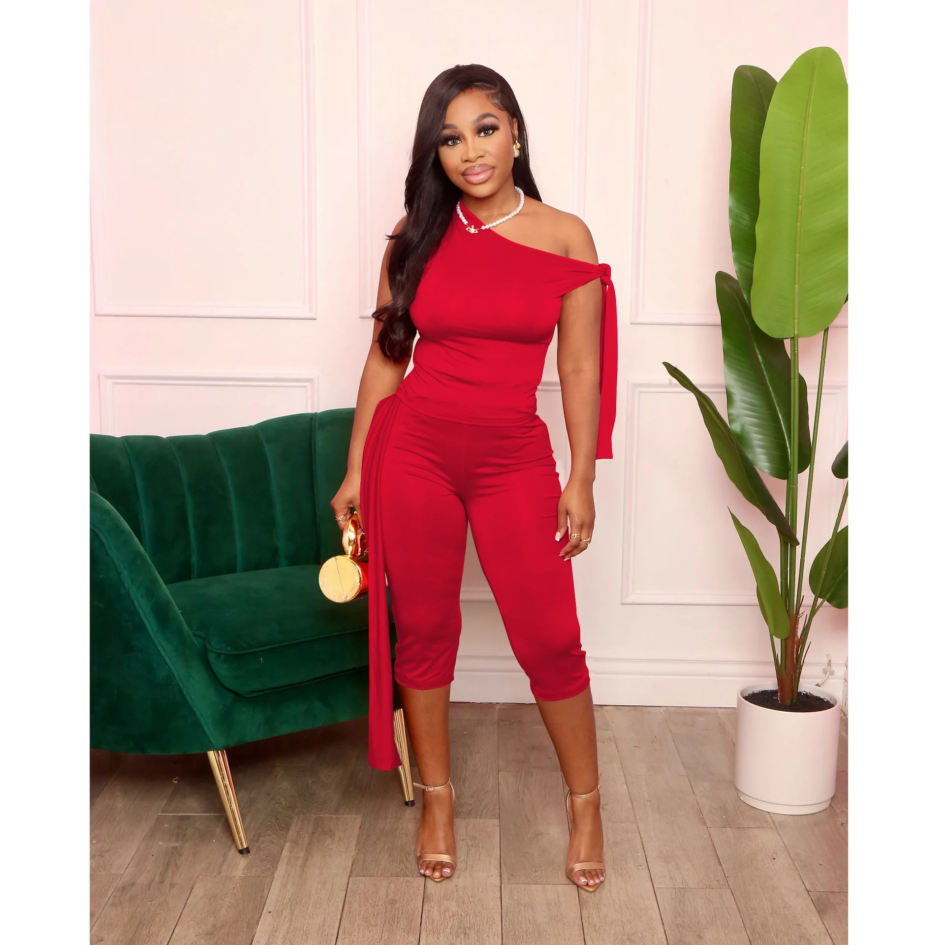 CM.YAYA Fashion Women's Set Bowknot Shoulder Sleeveless Tank Tops and Calf Length Pants 2025 Two 2 Piece Sets Outfits Tracksuit CM.YAYA Fashion Women's Set Bowknot Shoulder Sleeveless Tank Tops and Calf Length Pants 2025 Two 2 Piece Sets Outfits Tracksuit