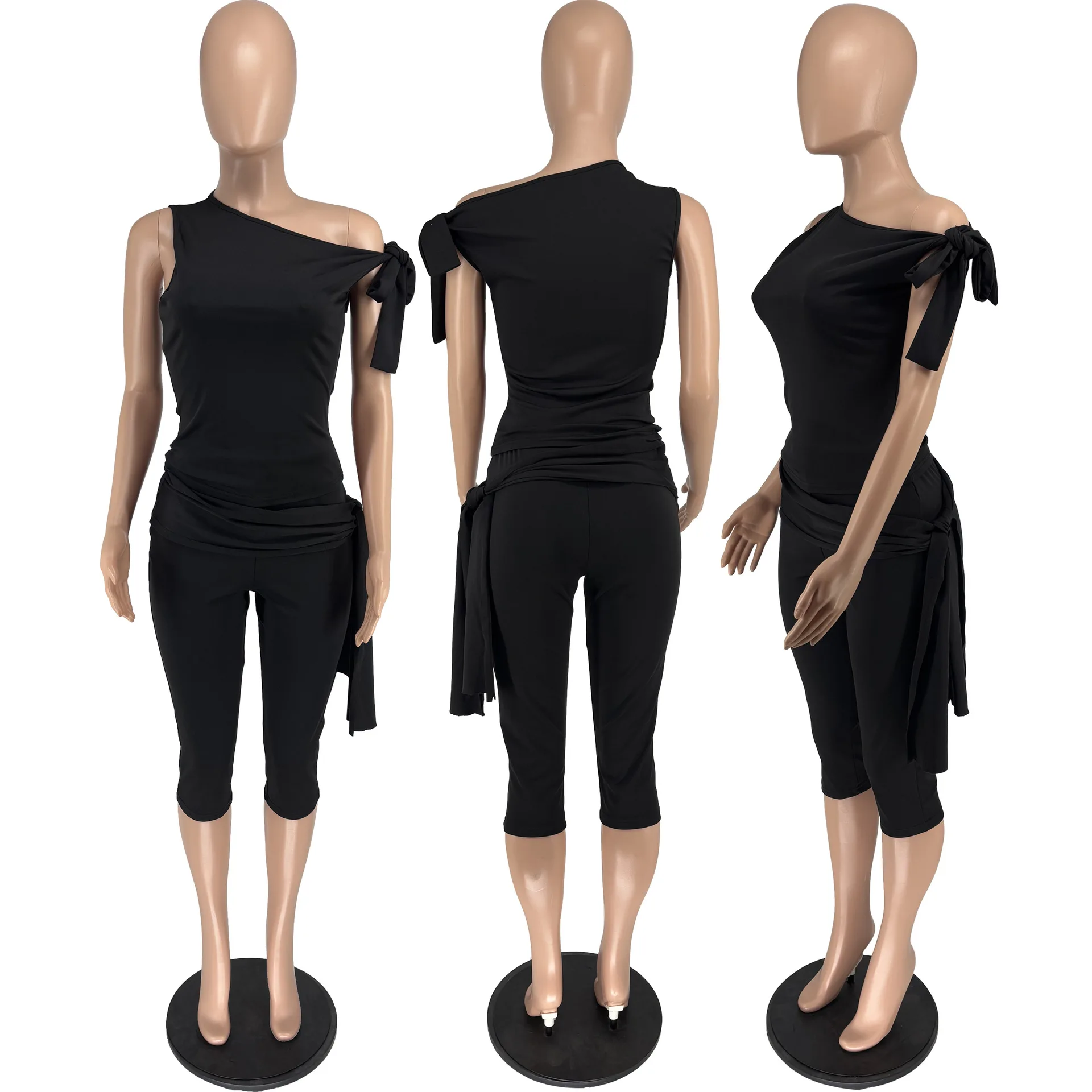 CM.YAYA Fashion Women's Set Bowknot Shoulder Sleeveless Tank Tops and Calf Length Pants 2025 Two 2 Piece Sets Outfits Tracksuit CM.YAYA Fashion Women's Set Bowknot Shoulder Sleeveless Tank Tops and Calf Length Pants 2025 Two 2 Piece Sets Outfits Tracksuit