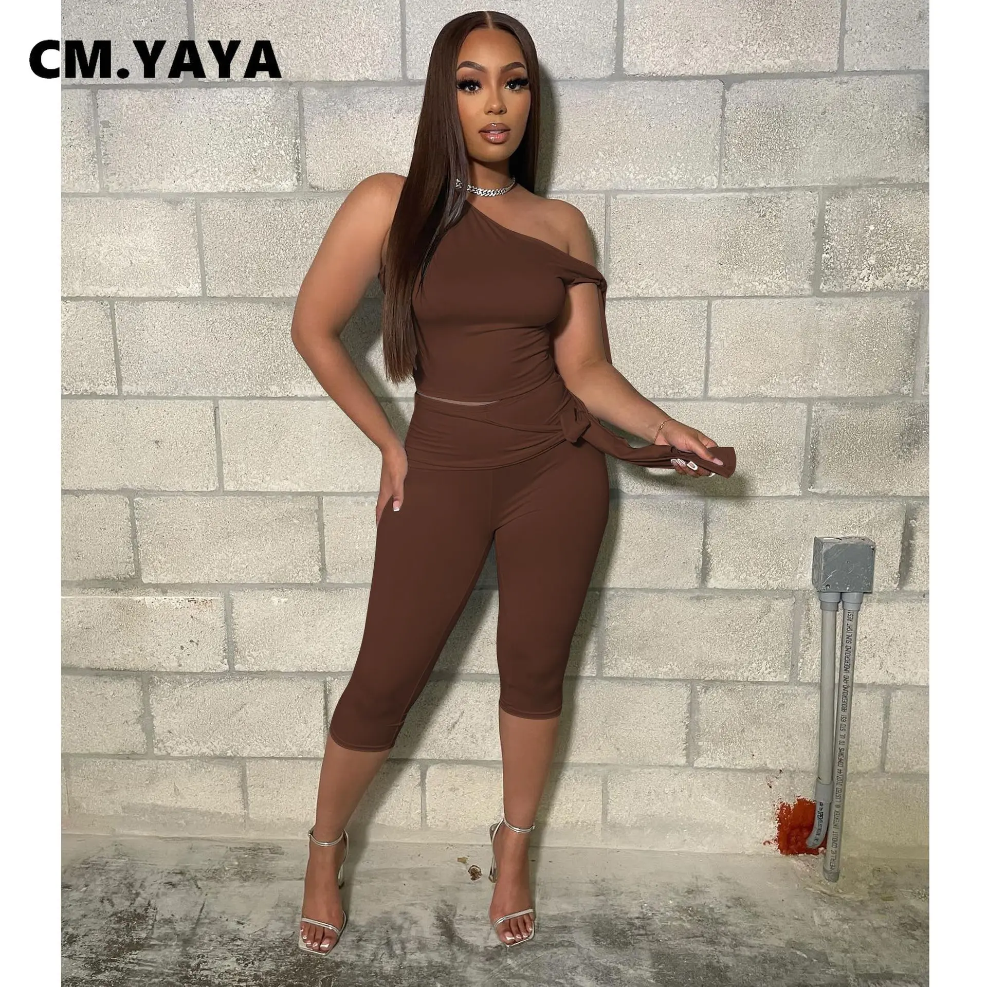 CM.YAYA Fashion Women’s Set Bowknot Shoulder Sleeveless Tank Tops and Calf Length Pants 2025 Two 2 Piece Sets Outfits Tracksuit CM.YAYA Fashion Women's Set Bowknot Shoulder Sleeveless Tank Tops and Calf Length Pants 2025 Two 2 Piece Sets Outfits Tracksuit