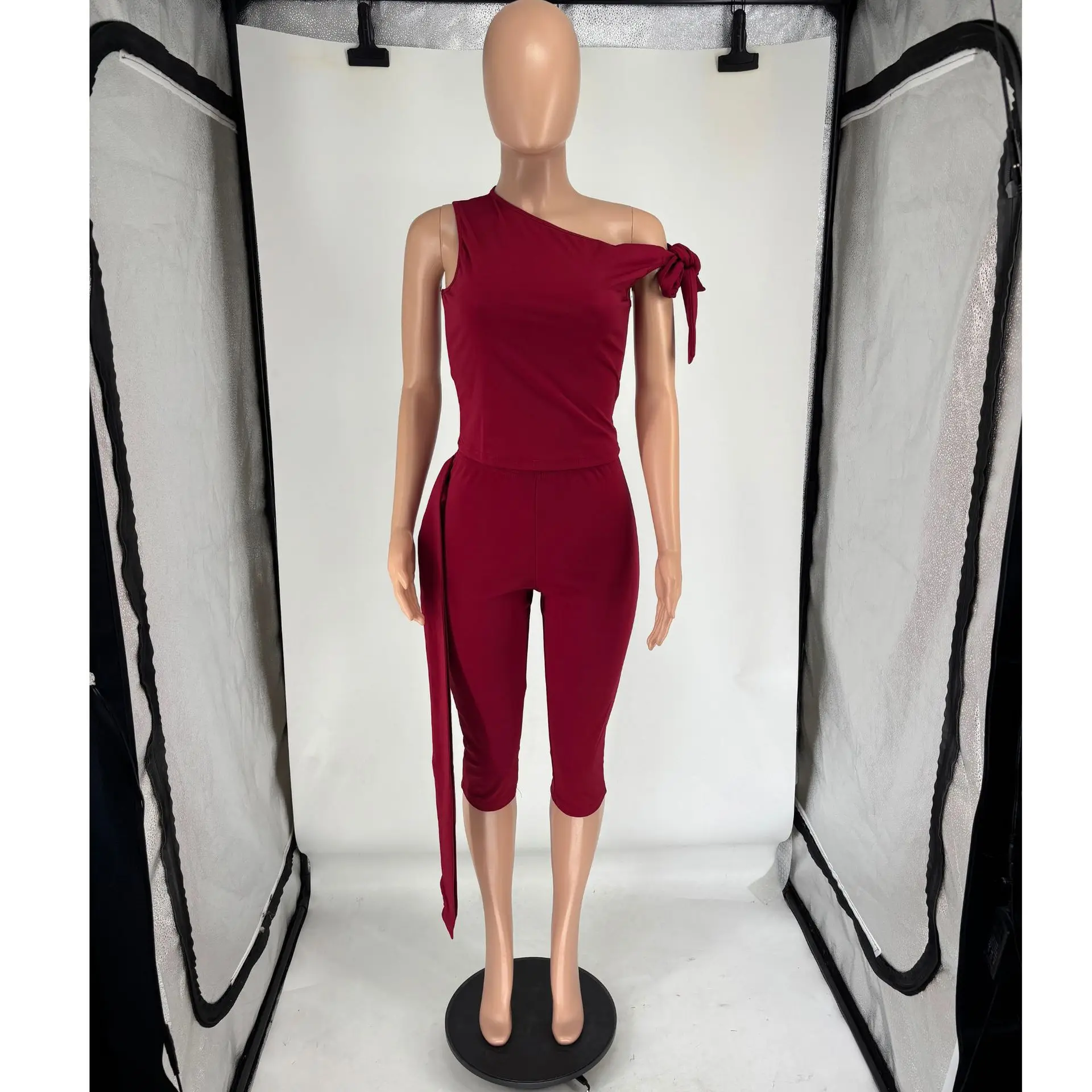 CM.YAYA Fashion Women's Set Bowknot Shoulder Sleeveless Tank Tops and Calf Length Pants 2025 Two 2 Piece Sets Outfits Tracksuit CM.YAYA Fashion Women's Set Bowknot Shoulder Sleeveless Tank Tops and Calf Length Pants 2025 Two 2 Piece Sets Outfits Tracksuit