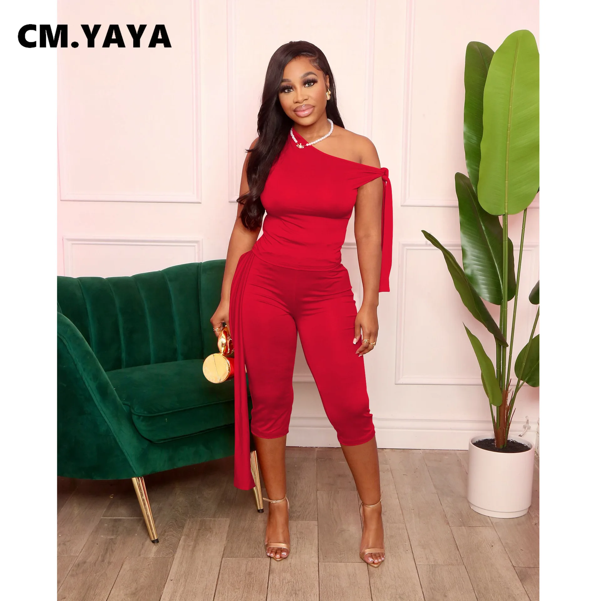 CM.YAYA Fashion Women’s Set Bowknot Shoulder Sleeveless Tank Tops and Calf Length Pants 2025 Two 2 Piece Sets Outfits Tracksuit CM.YAYA Fashion Women's Set Bowknot Shoulder Sleeveless Tank Tops and Calf Length Pants 2025 Two 2 Piece Sets Outfits Tracksuit