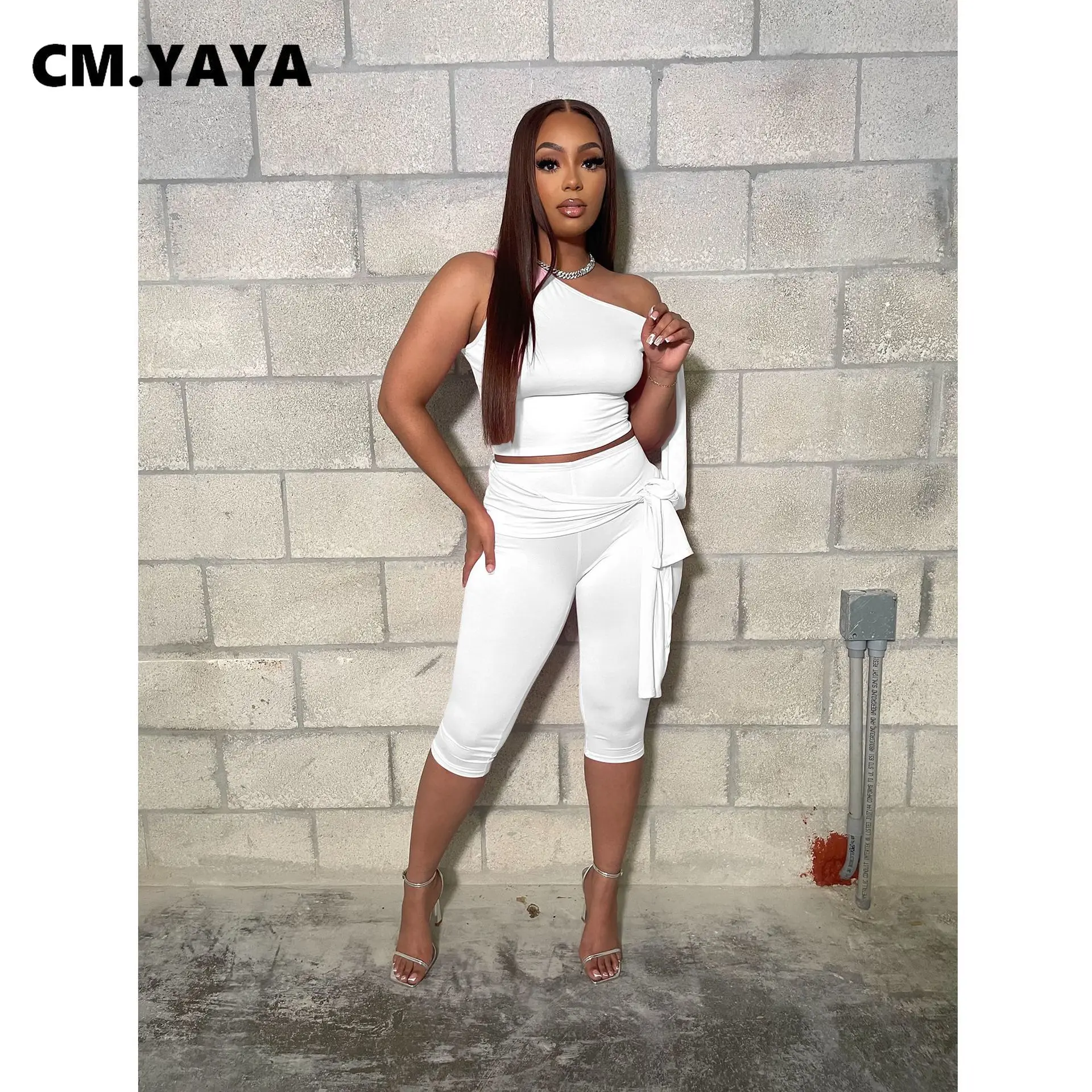 CM.YAYA Fashion Women’s Set Bowknot Shoulder Sleeveless Tank Tops and Calf Length Pants 2025 Two 2 Piece Sets Outfits Tracksuit CM.YAYA Fashion Women's Set Bowknot Shoulder Sleeveless Tank Tops and Calf Length Pants 2025 Two 2 Piece Sets Outfits Tracksuit