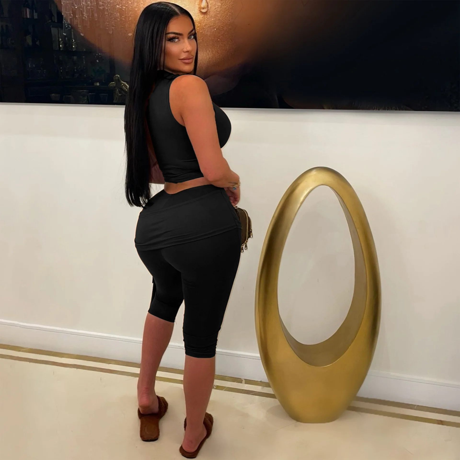 CM.YAYA Fashion Women's Set Bowknot Shoulder Sleeveless Tank Tops and Calf Length Pants 2025 Two 2 Piece Sets Outfits Tracksuit CM.YAYA Fashion Women's Set Bowknot Shoulder Sleeveless Tank Tops and Calf Length Pants 2025 Two 2 Piece Sets Outfits Tracksuit