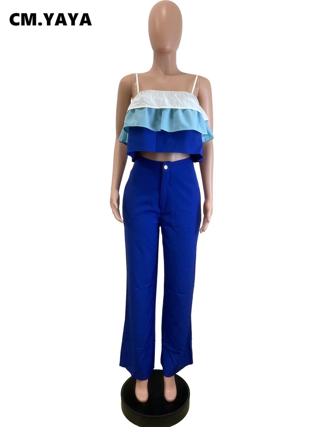 CM.YAYA Fashion Party Women’s Set Patchwork Cascading Ruffles Strap Crop Top and Wide Leg Suit 2025 Chic Two 2 Piece Sets Outfit CM.YAYA Fashion Party Women's Set Patchwork Cascading Ruffles Strap Crop Top and Wide Leg Suit 2025 Chic Two 2 Piece Sets Outfit