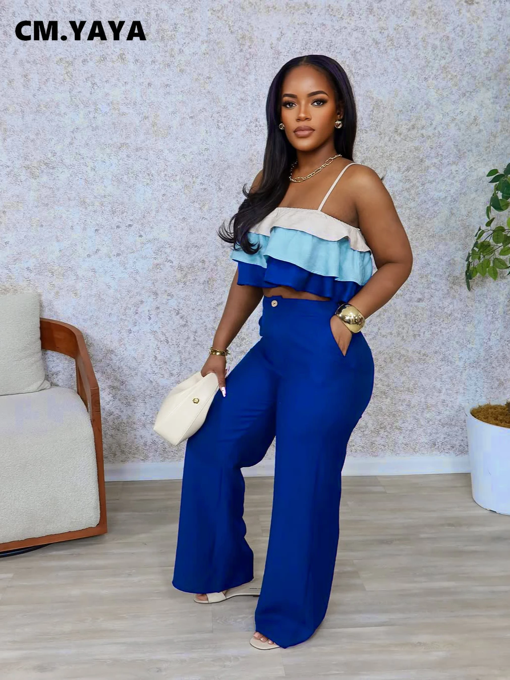 CM.YAYA Fashion Party Women’s Set Patchwork Cascading Ruffles Strap Crop Top and Wide Leg Suit 2025 Chic Two 2 Piece Sets Outfit CM.YAYA Fashion Party Women's Set Patchwork Cascading Ruffles Strap Crop Top and Wide Leg Suit 2025 Chic Two 2 Piece Sets Outfit