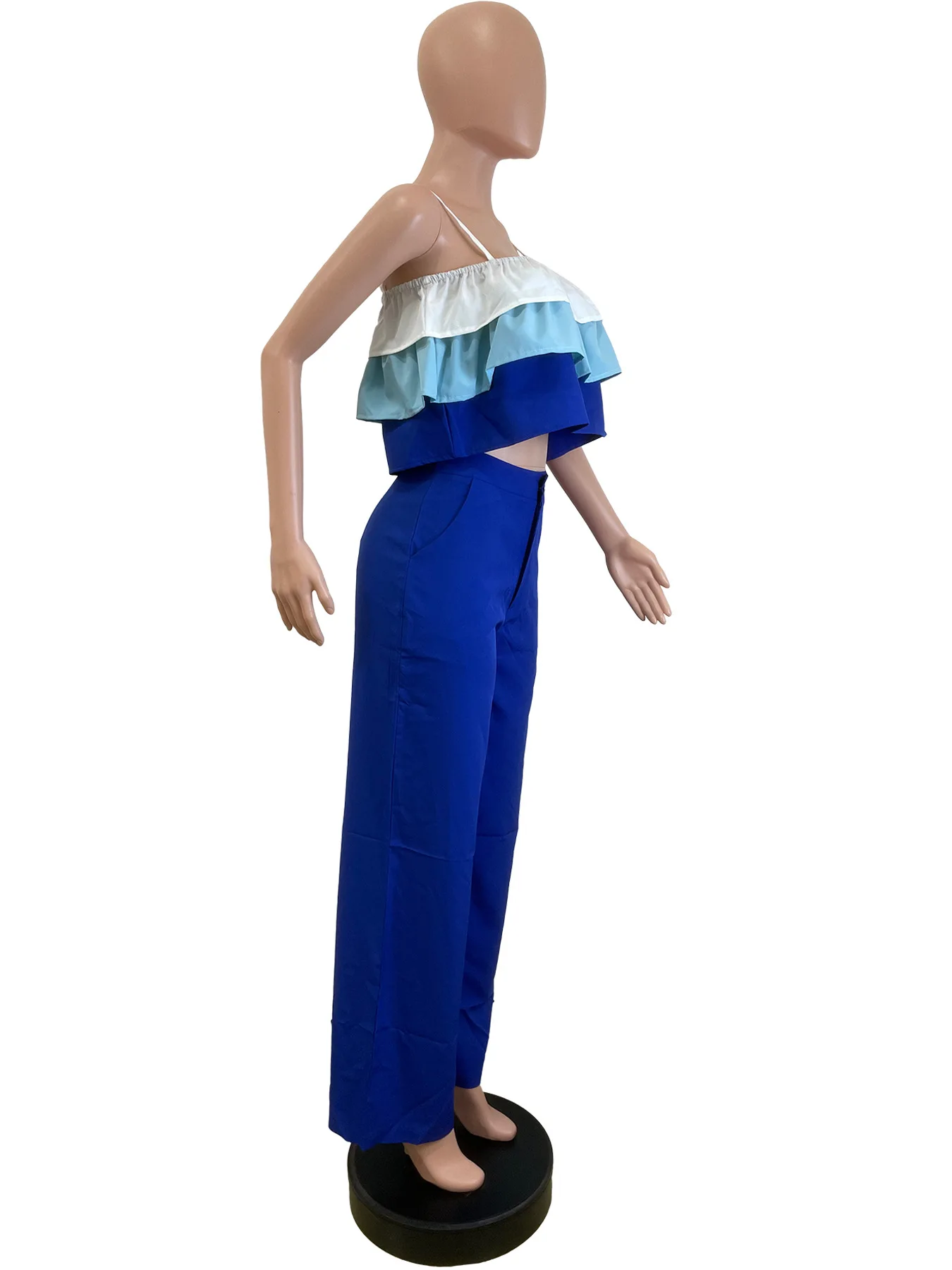 CM.YAYA Fashion Party Women's Set Patchwork Cascading Ruffles Strap Crop Top and Wide Leg Suit 2025 Chic Two 2 Piece Sets Outfit