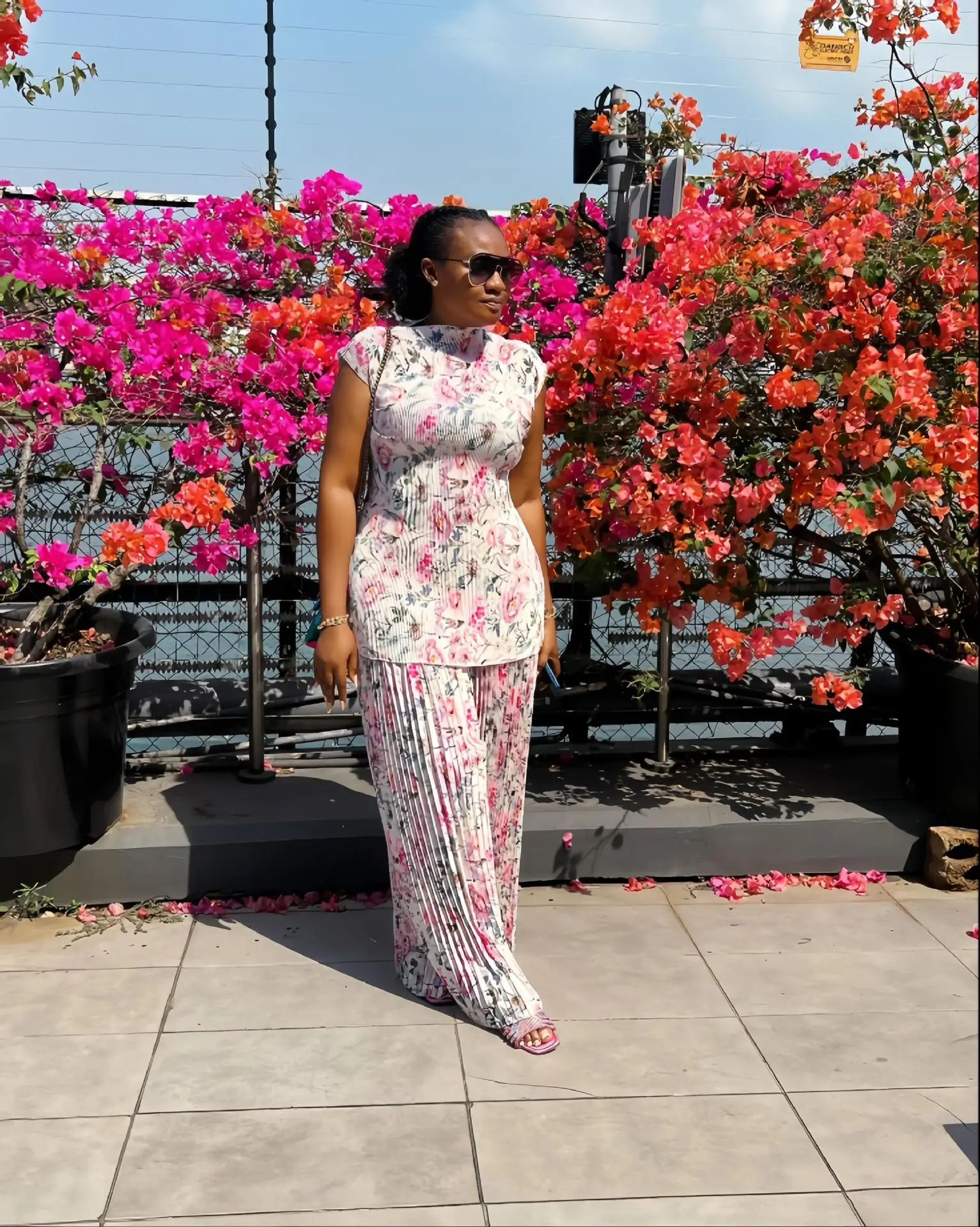 CM.YAYA Women Set Floral Print Short Sleeve Pleated T-Shirt + Wide Leg Pants 2025 Street Sexy Two 2Piece Sets Outfits Tracksuit