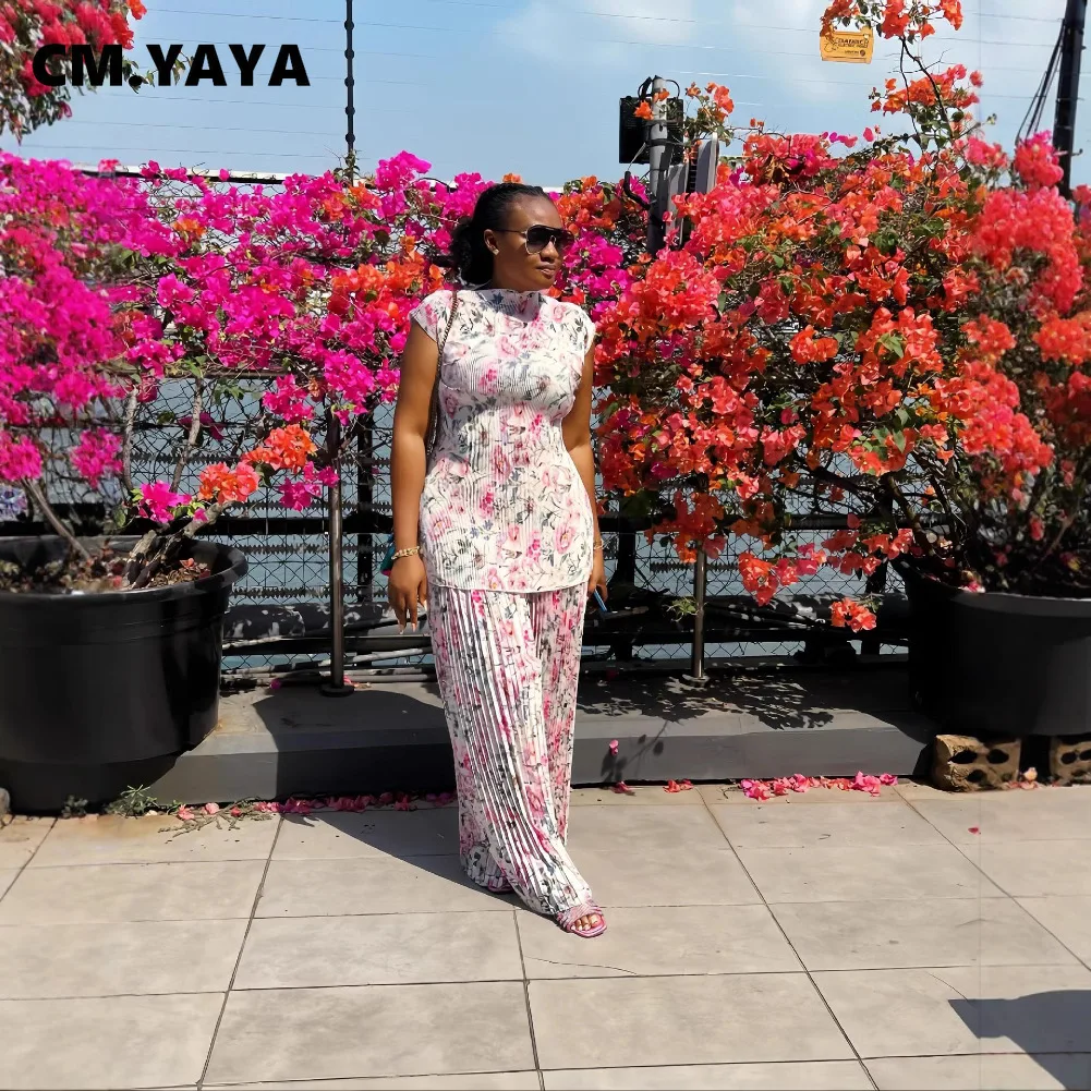 CM.YAYA Women Set Floral Print Short Sleeve Pleated T-Shirt + Wide Leg Pants 2025 Street Sexy Two 2Piece Sets Outfits Tracksuit CM.YAYA Women Set Floral Print Short Sleeve Pleated T-Shirt + Wide Leg Pants 2025 Street Sexy Two 2Piece Sets Outfits Tracksuit