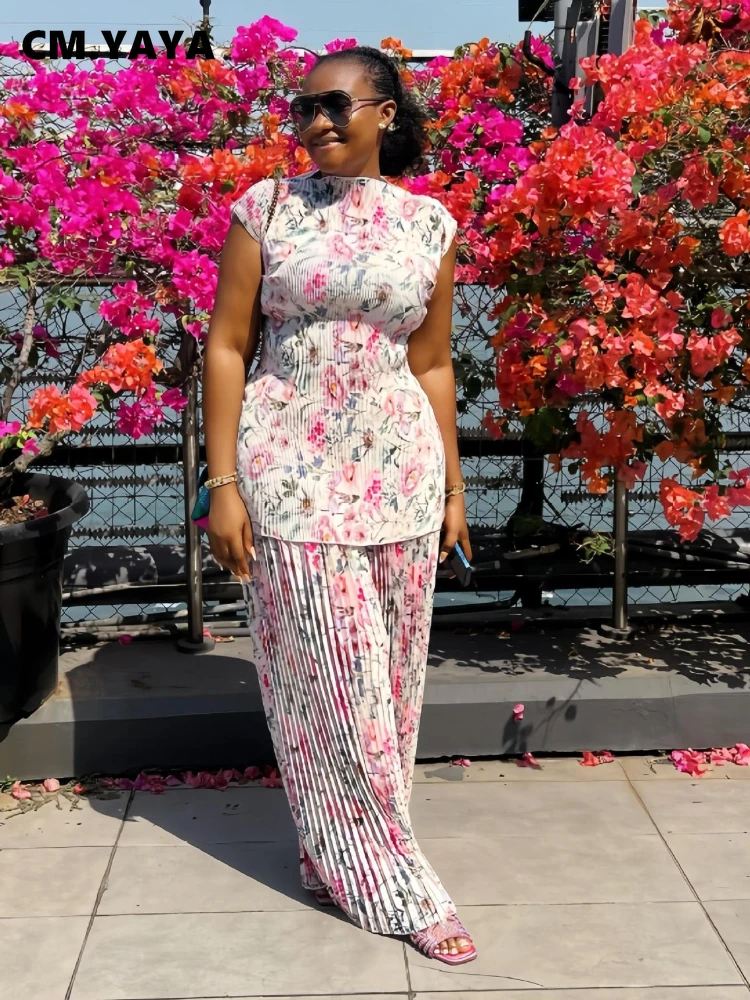 CM.YAYA Women Set Floral Print Short Sleeve Pleated T-Shirt + Wide Leg Pants 2025 Street Sexy Two 2Piece Sets Outfits Tracksuit CM.YAYA Women Set Floral Print Short Sleeve Pleated T-Shirt + Wide Leg Pants 2025 Street Sexy Two 2Piece Sets Outfits Tracksuit