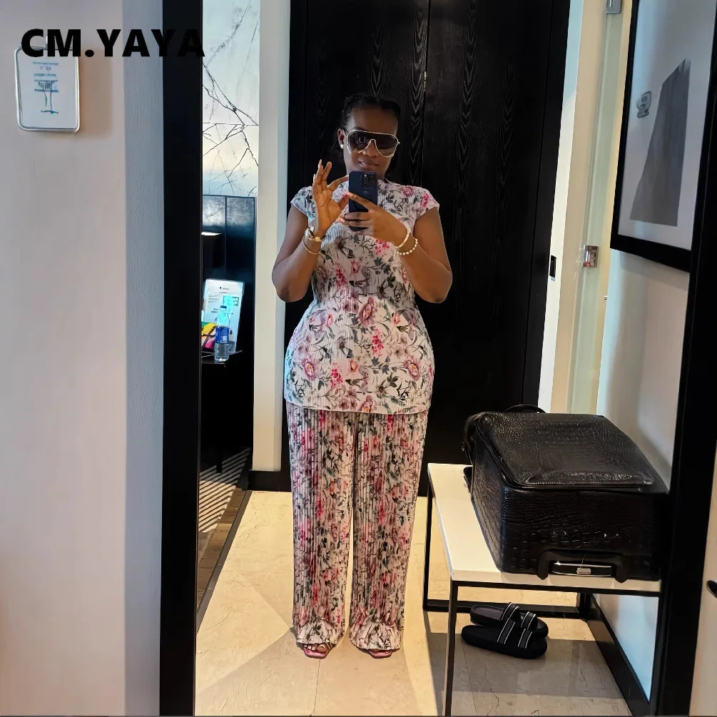 CM.YAYA Women Set Floral Print Short Sleeve Pleated T-Shirt + Wide Leg Pants 2025 Street Sexy Two 2Piece Sets Outfits Tracksuit CM.YAYA Women Set Floral Print Short Sleeve Pleated T-Shirt + Wide Leg Pants 2025 Street Sexy Two 2Piece Sets Outfits Tracksuit