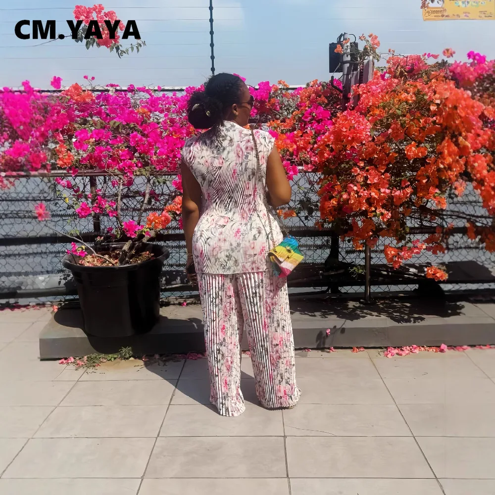 CM.YAYA Women Set Floral Print Short Sleeve Pleated T-Shirt + Wide Leg Pants 2025 Street Sexy Two 2Piece Sets Outfits Tracksuit CM.YAYA Women Set Floral Print Short Sleeve Pleated T-Shirt + Wide Leg Pants 2025 Street Sexy Two 2Piece Sets Outfits Tracksuit