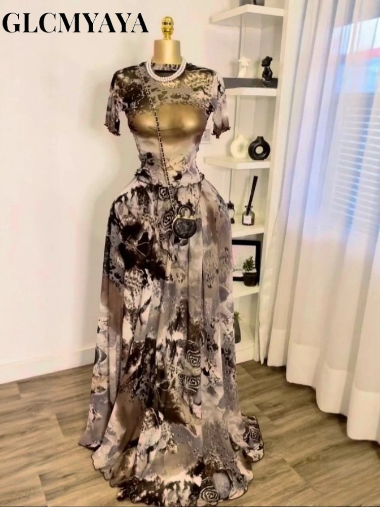 GLCMYAYA Elegant Women's Set Short Sleeve O-neck Print Tops + Long Skirts Set 2025 Autumn Tracksuit Sexy Two 2 Piece Set Outfits