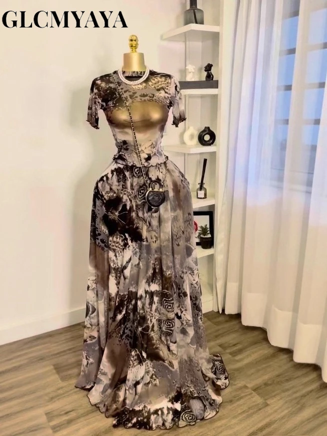 GLCMYAYA Elegant Women's Set Short Sleeve O-neck Print Tops + Long Skirts Set 2025 Autumn Tracksuit Sexy Two 2 Piece Set Outfits