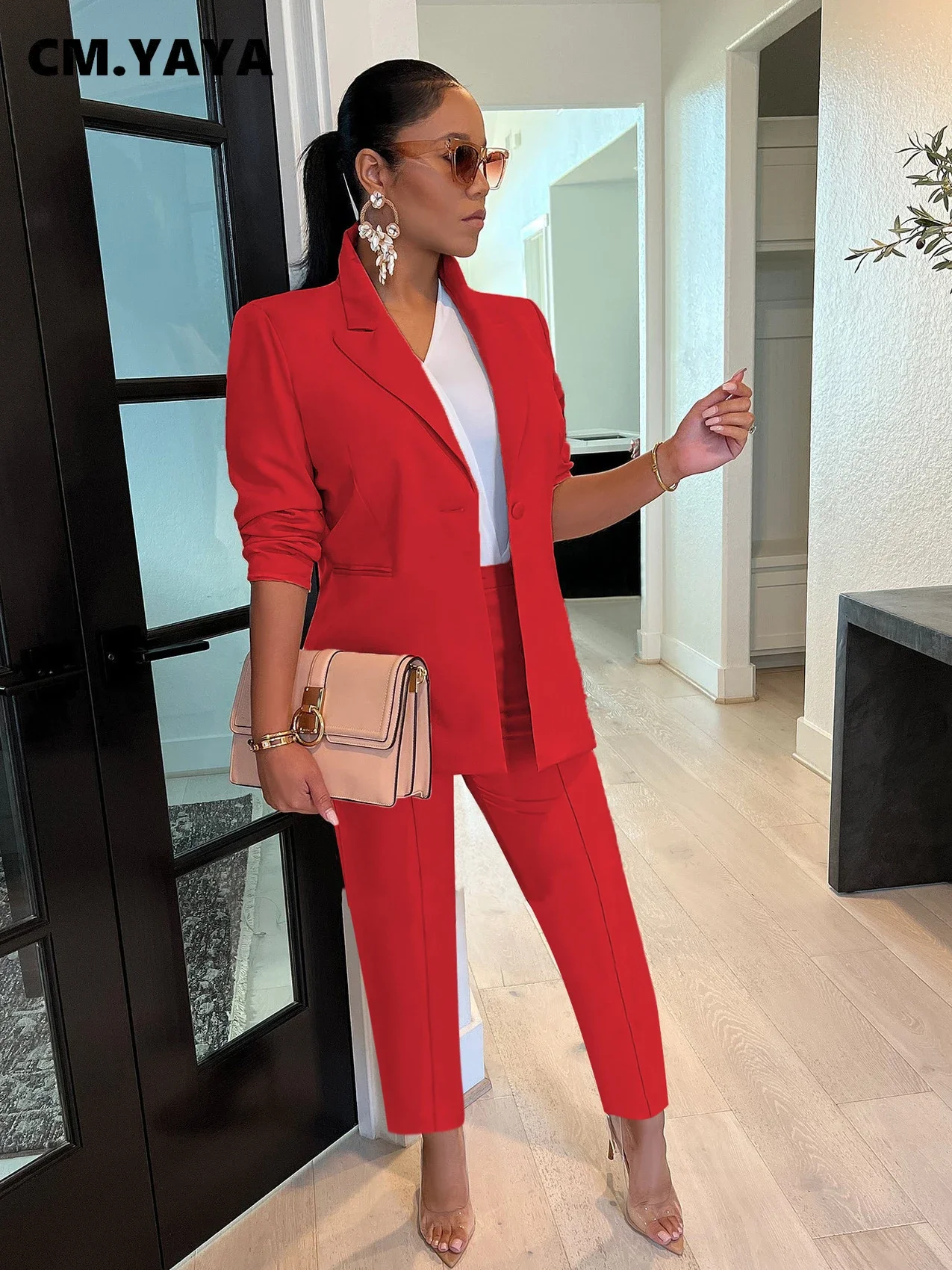 CM.YAYA Elegant Solid Blazer Suit and Pants Two 2 Piece Set  Women 2023 Autumn Winter Classic OL Street Outfit Tracksuit