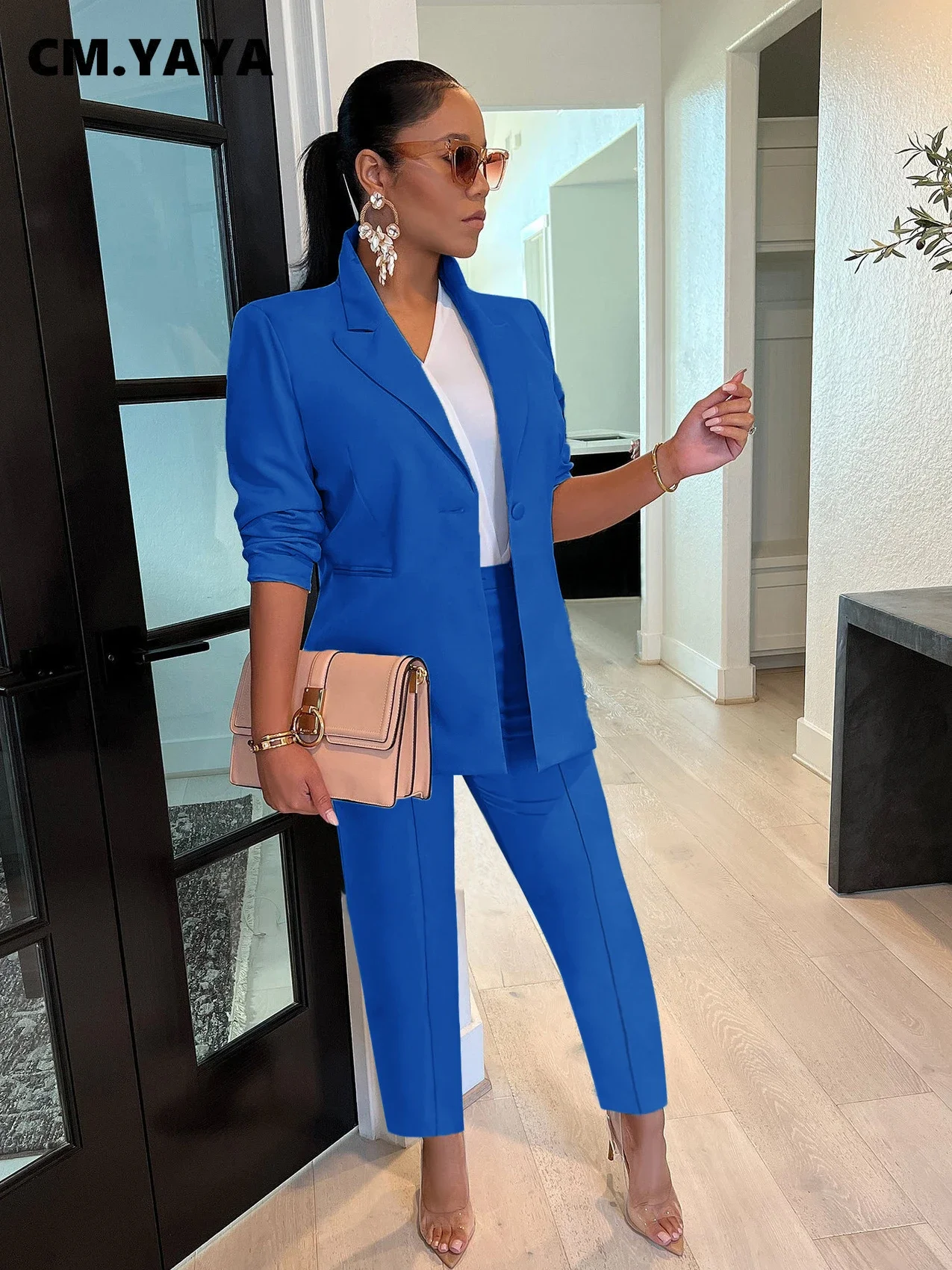 CM.YAYA Elegant Solid Blazer Suit and Pants Two 2 Piece Set  Women 2023 Autumn Winter Classic OL Street Outfit Tracksuit