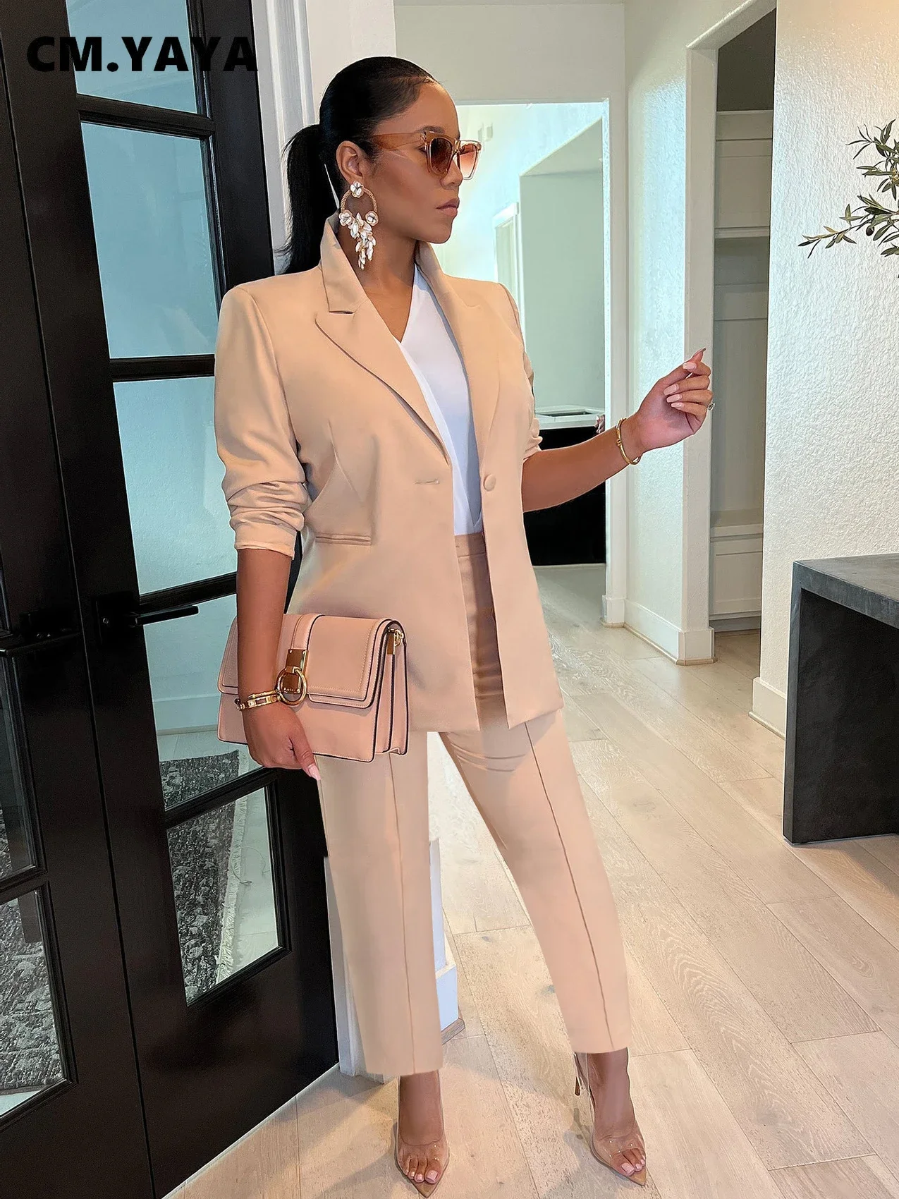 CM.YAYA Elegant Solid Blazer Suit and Pants Two 2 Piece Set  Women 2023 Autumn Winter Classic OL Street Outfit Tracksuit