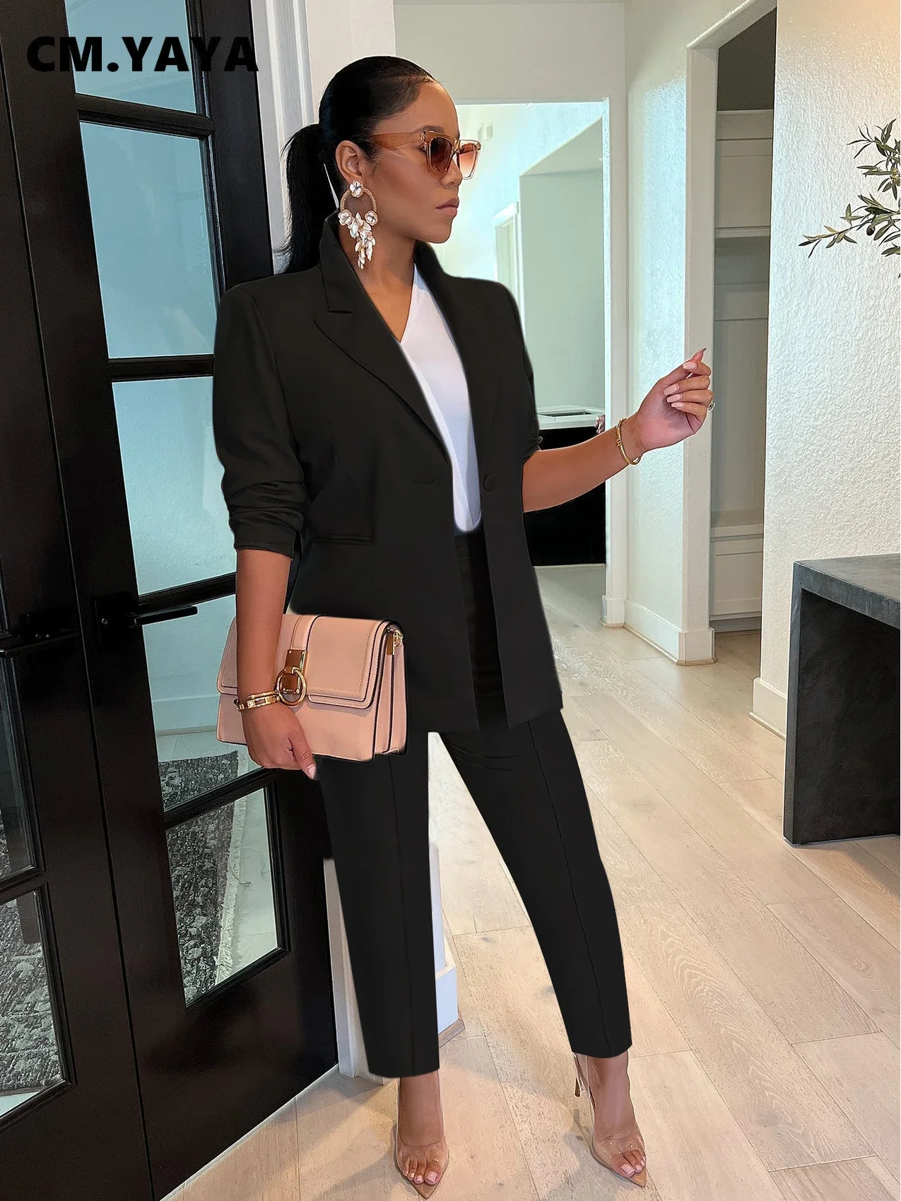 CM.YAYA Elegant Solid Blazer Suit and Pants Two 2 Piece Set  Women 2023 Autumn Winter Classic OL Street Outfit Tracksuit