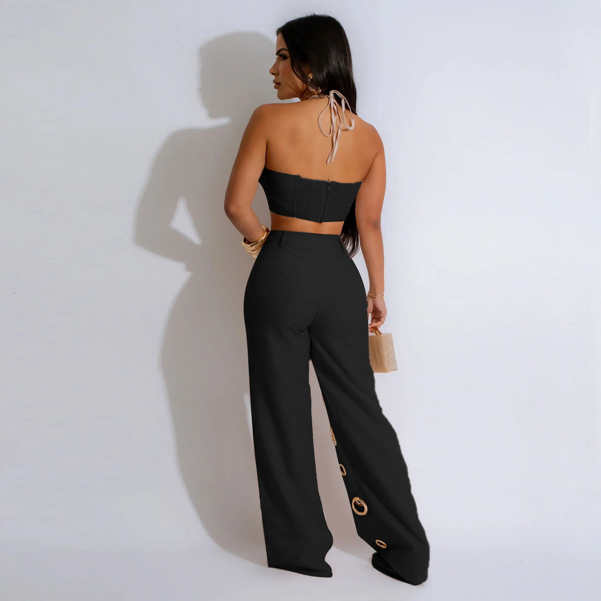 CM.YAYA Women Set Sleeveless Strapless Tops +Wide Leg Pants Two 2 Piece Set Hole Hollow Out Outfit Summer Sexy Street Tracksuit