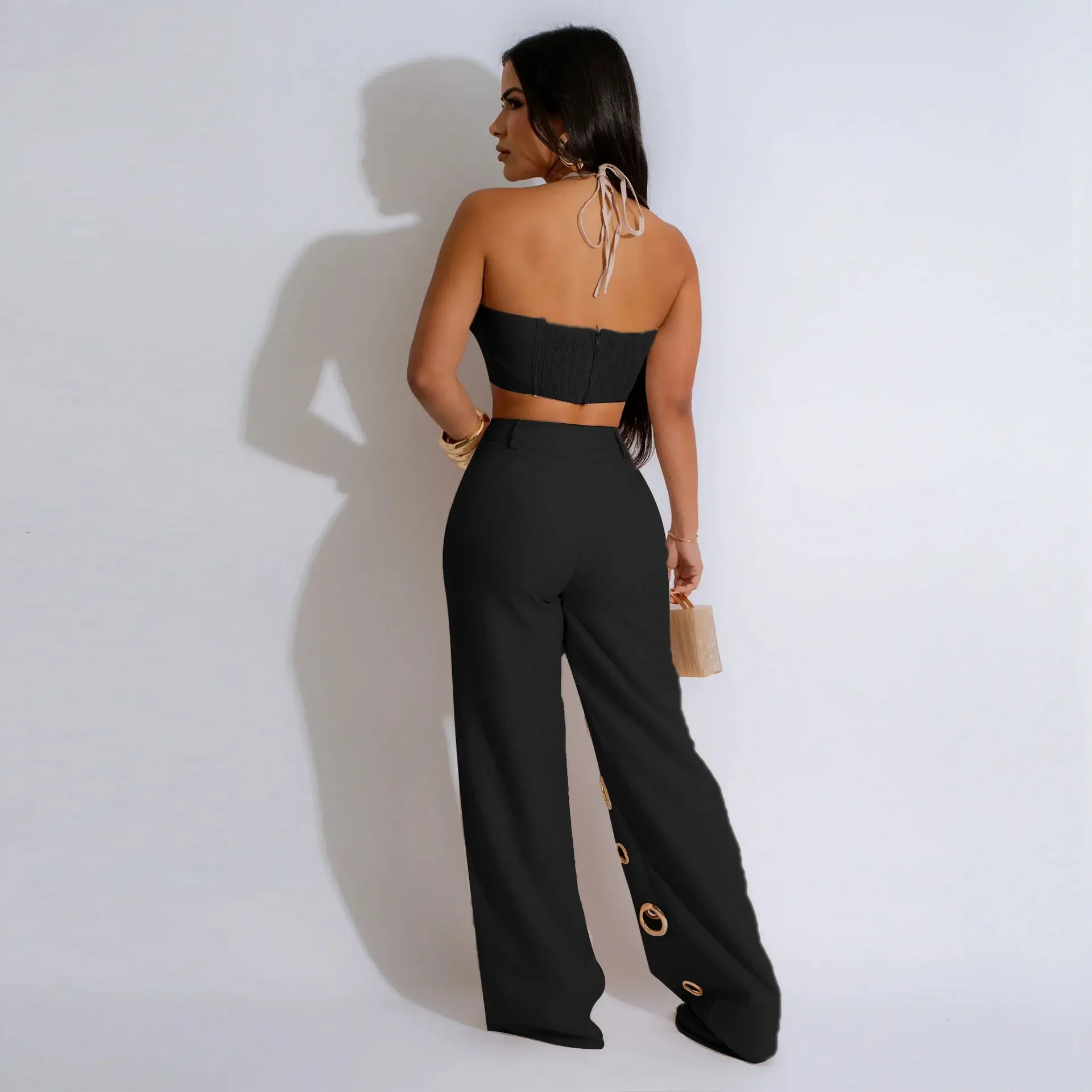 CM.YAYA Women Set Sleeveless Strapless Tops +Wide Leg Pants Two 2 Piece Set Hole Hollow Out Outfit Summer Sexy Street Tracksuit