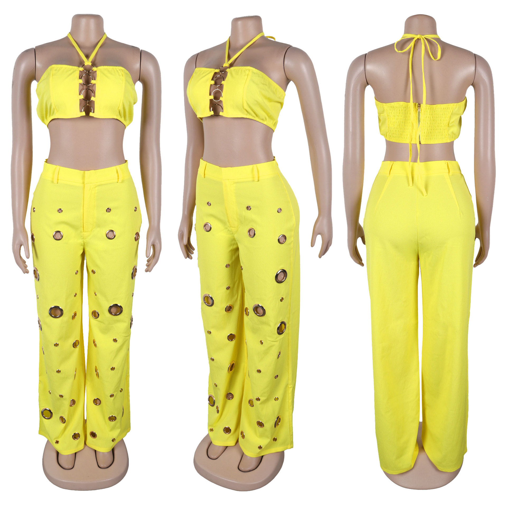 CM.YAYA Women Set Sleeveless Strapless Tops +Wide Leg Pants Two 2 Piece Set Hole Hollow Out Outfit Summer Sexy Street Tracksuit